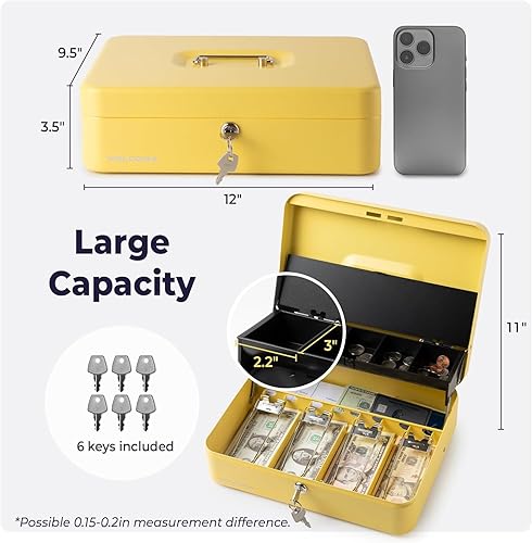 Miniatura 10 de Caja de efectivo con cerradura de llave, bandeja de monedas de acero con tapa y ranuras para billetes, caja fuerte compacta portátil  4 llaves  Caja
