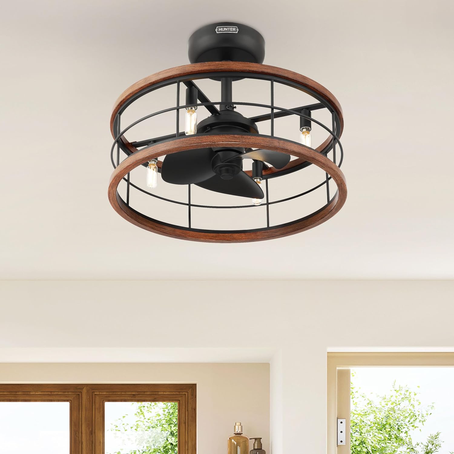 Hunter Bridgette 22 inch Indoor Fandelier Caged Ceiling Fan with Light and Remote, Matte Black Ceiling Fan with Wood Accents, Industrial Farmhouse Style for Bedrooms, Living Rooms, Home Offices, 50107