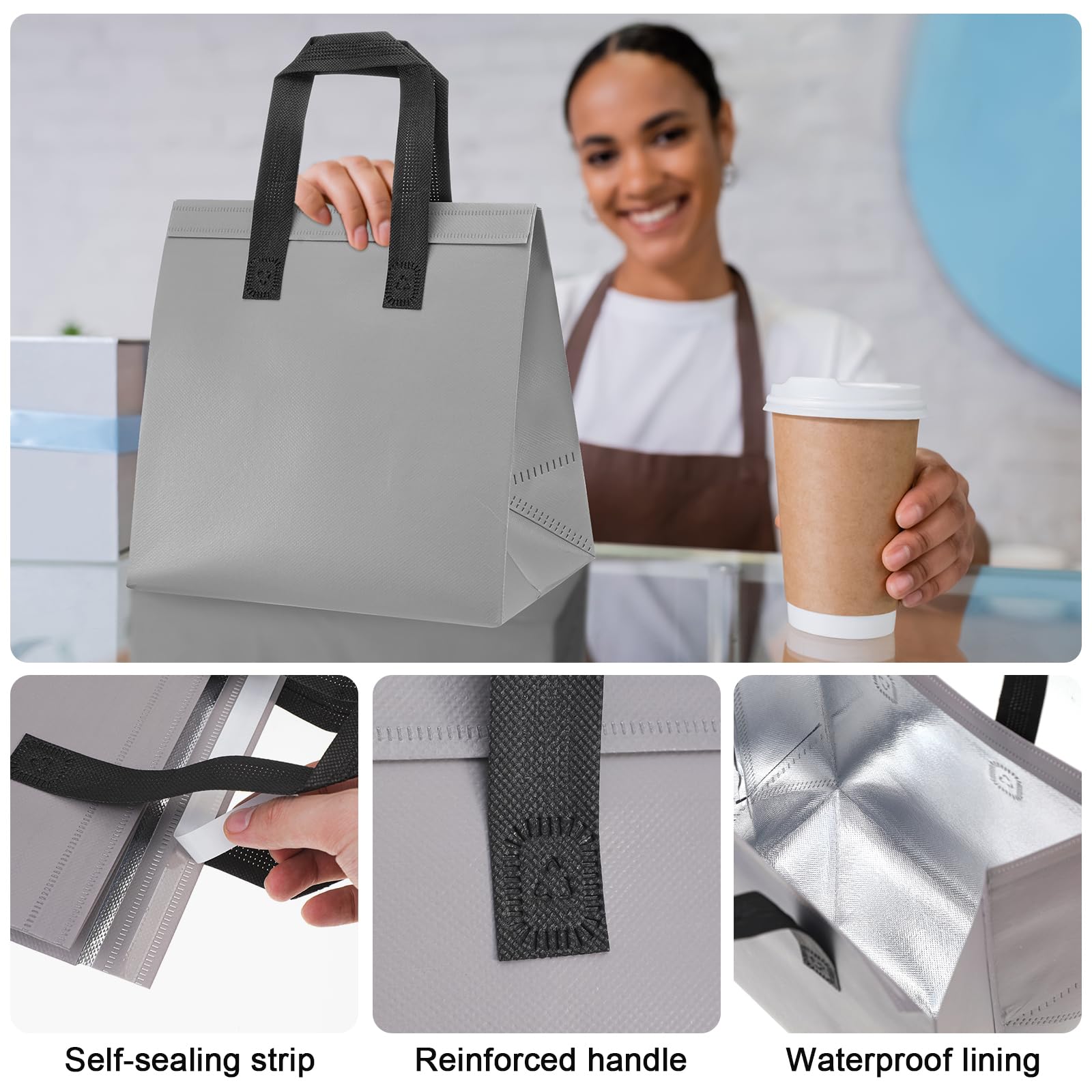 FoldTier 300 bolsas aisladas para llevar, aislamiento térmico a granel, alimentos para café, leche, té, alimentos fríos y calientes, mariscos frescos, bolsas de entrega de pizza, para catering