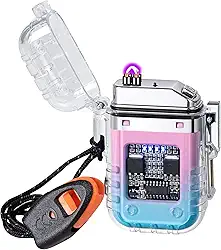 Isqueiro elétrico de arco duplo à prova de vento para uso externo com lanterna USB recarregável sem chama, isqueiros legais de plasma para acampamento, aventura, equipamento