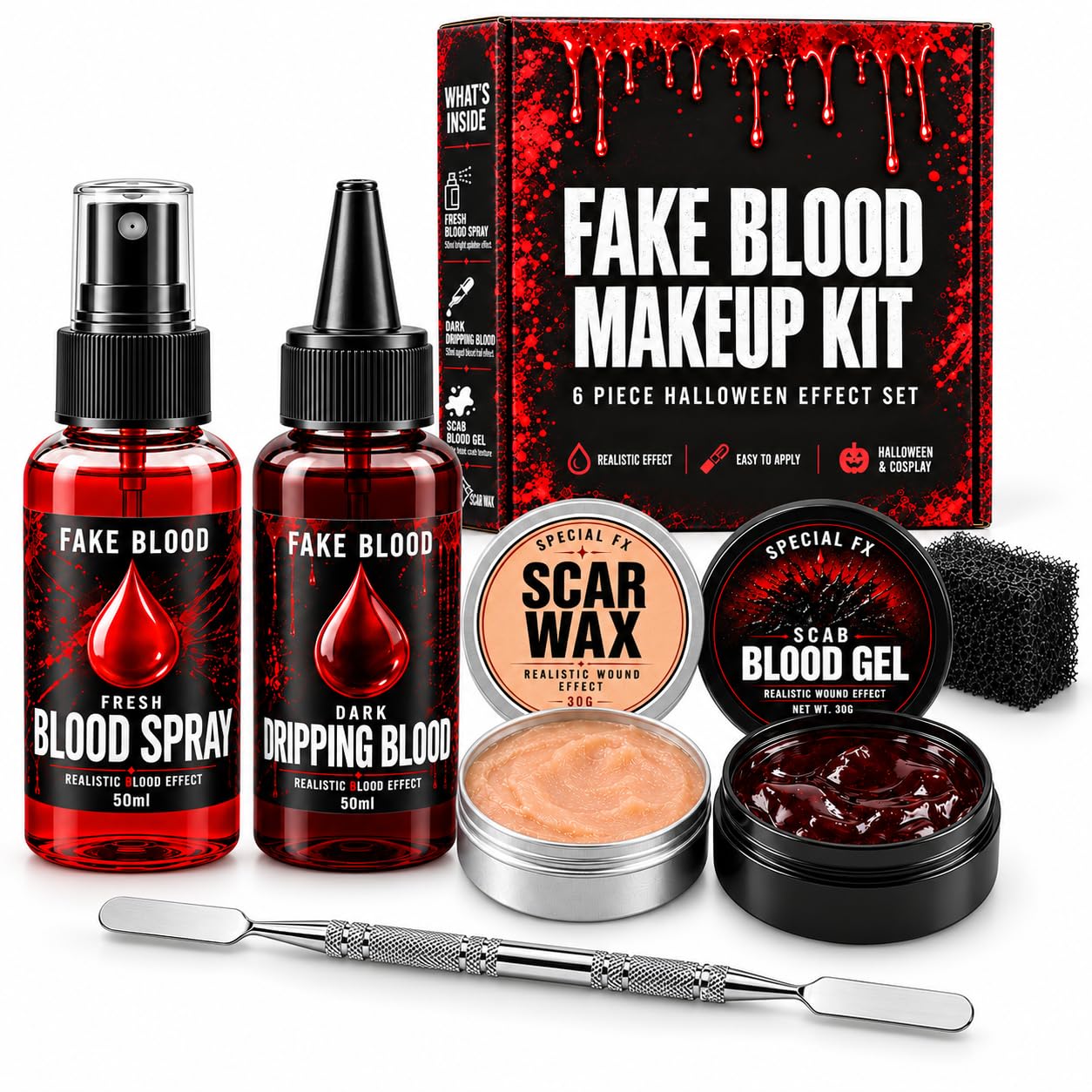 Kunstblut Halloween Set, Fake Blood Makeup Kit mit Realistisch Spray Blut, Blut Gel, Scar Wax, Schwamm & Modellierwerkzeug Make Up für Wunden Narbe Kostüm, Cosplay, Zombie Vampir