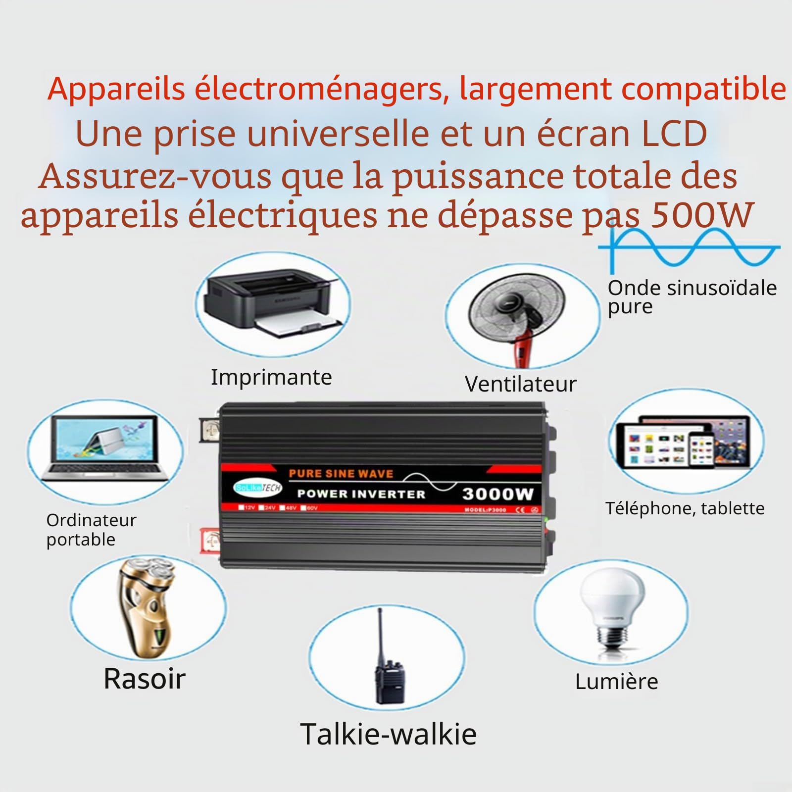 Onduleur sinusoïdal pur 3000 W, écran LCD, convertisseur de voiture, pour panneaux solaires, appareils ménagers (12 V à 220 V)