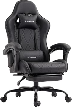 Dowinx Gaming Chair with Footrest, Ergonomic Office Chair, Black | PU leather over high-density foam with lumbar support; steel frame holds 300 lbs; built for WFH, study, and napping