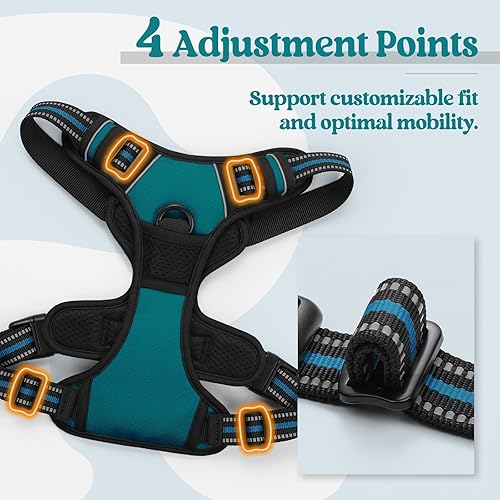 Vista 13 de rabbitgoo - Arnés antitirones para perro grande, con 2 aros para correa, acolchado suave, ajustable, tela Oxford, reflejante, no asfixia, chaleco