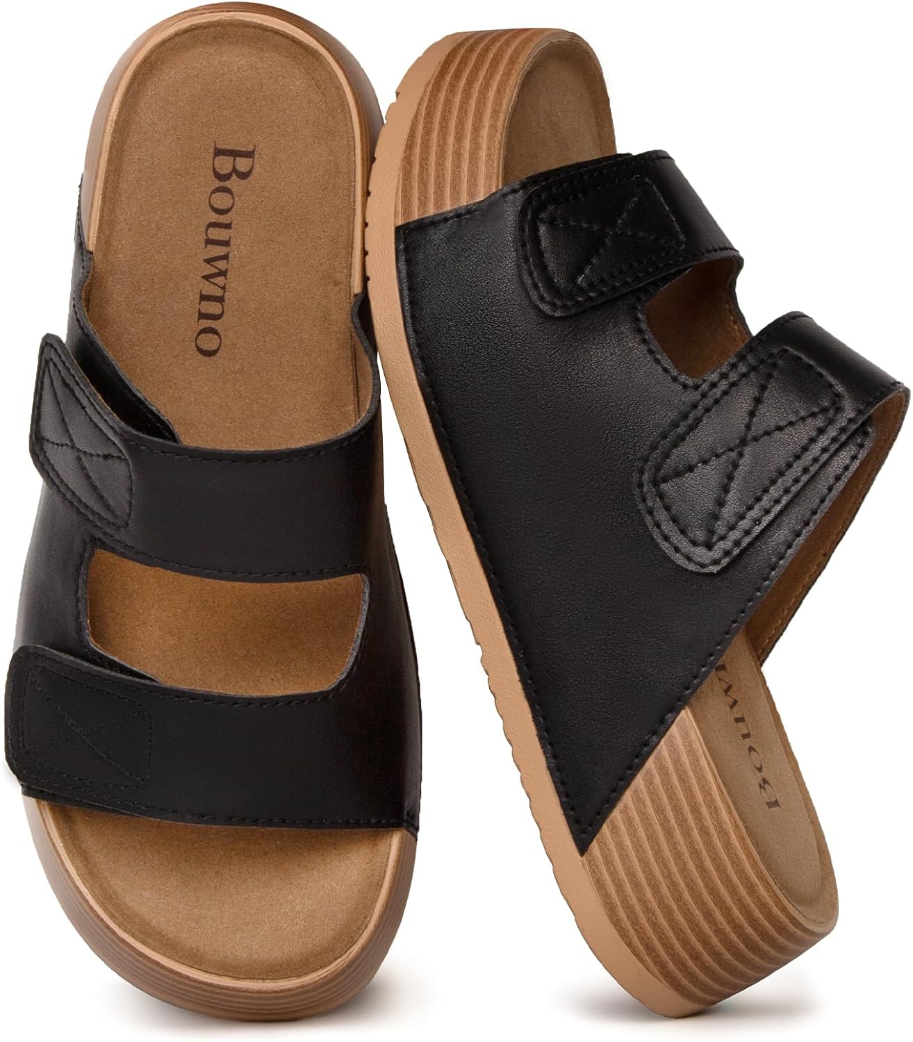 Platform Sandals Women Genuine Leather Slip-on Beach Slide Buckle Comfortable Sandals with Memory Foam Soft Lining and Open Toe Low Wedges