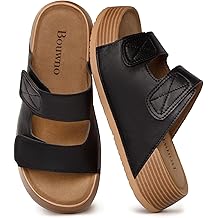Platform Sandals Women Genuine Leather Comfortable Beach Slides Adjustable Straps Slip-on Summer Sandals with Memory Foam Insole Open Toe Low Wedges