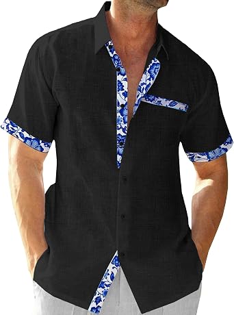 Mens Linen Shirts Casual Button Down Short Sleeve Shirt Solid Color Summer Beach Shirt Loose Blouses