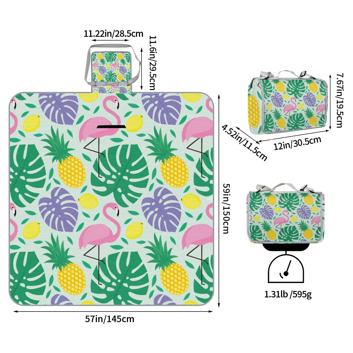 Shimoshe Picnic Blankets 57”x 59”, Palm Leaf Pineapple Flamingo Waterproof Sandproof Picnic Mat Lightweight Foldable Beach Blanket for Camping Park Grass Beach Outdoor Blanket