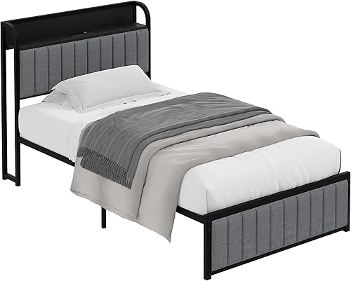 Miniatura 8 de VECELO Base de cama tamaño individual con cabecera tapizada, plataforma resistente con listones de acero fuertes, no necesita somier, fácil montaje,