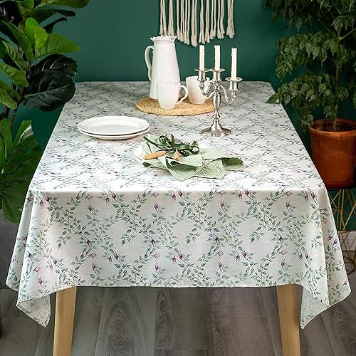 Miniatura 4 de GLORY SEASON Mantel rectangular de tela de arpillera de lino 100 % impermeable, con estampado floral, mantel de casa de campo, cubierta de vinilo de