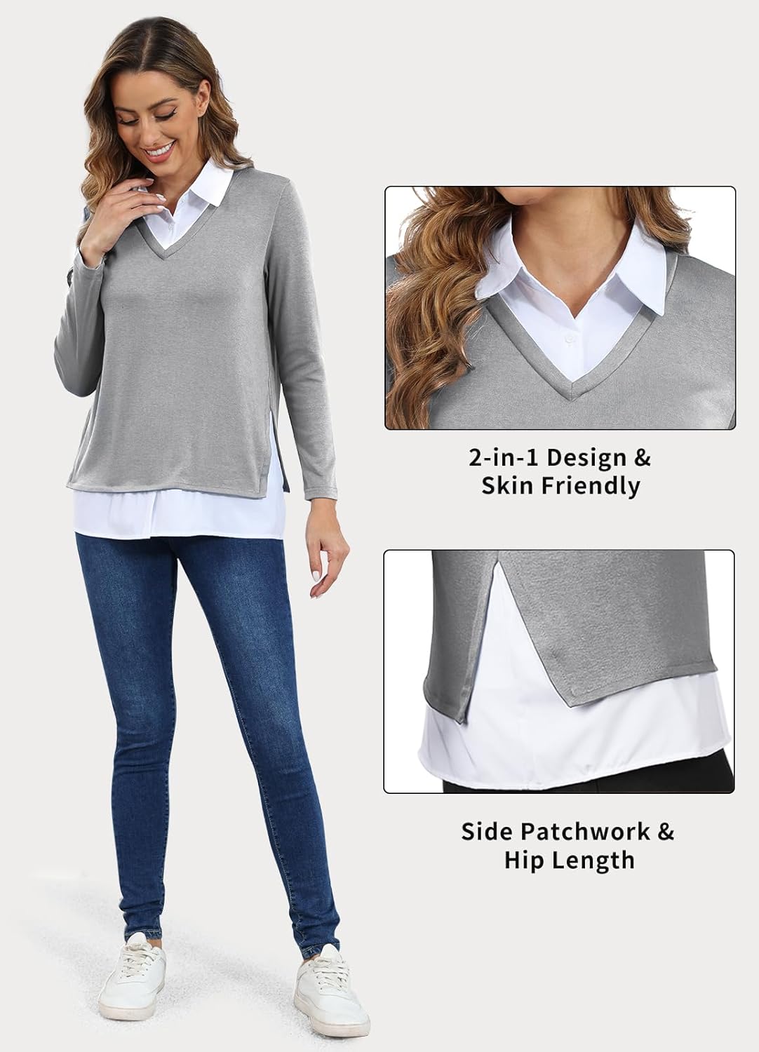 Vldnery Womens Fall Winter Sweater 2025 Trendy Clothes Oversized V Neck Long Sleeve Shirts 2 in 1 Outfit Casual Pullover Tops - Image 6