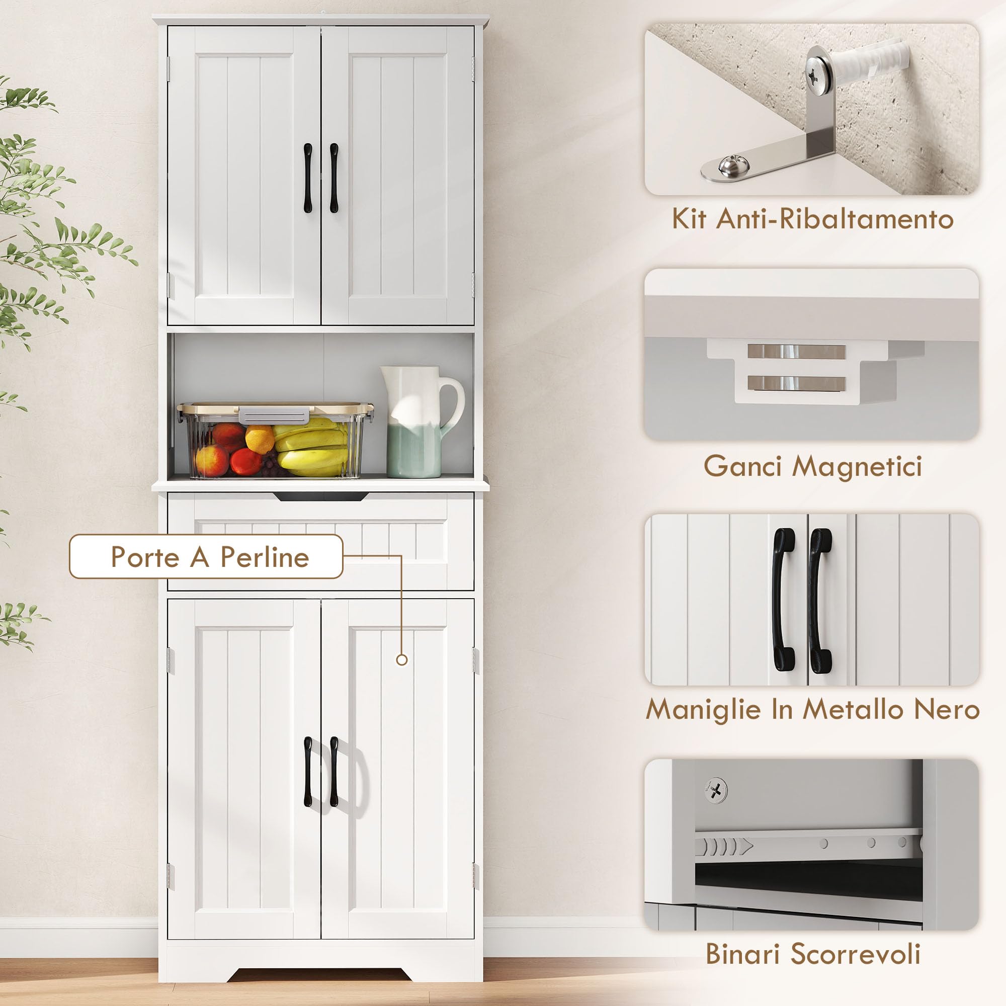 HOMCOM Credenza Cucina Alta, Mobile Dispensa con Foro Passacavi e Piano Portamicroonde, Mobile Cucina con 2 Armadietti, Cassetto, Ripiani Regolabili, per Sala da Pranzo, Soggiorno, 60x30x172cm, Bianco
