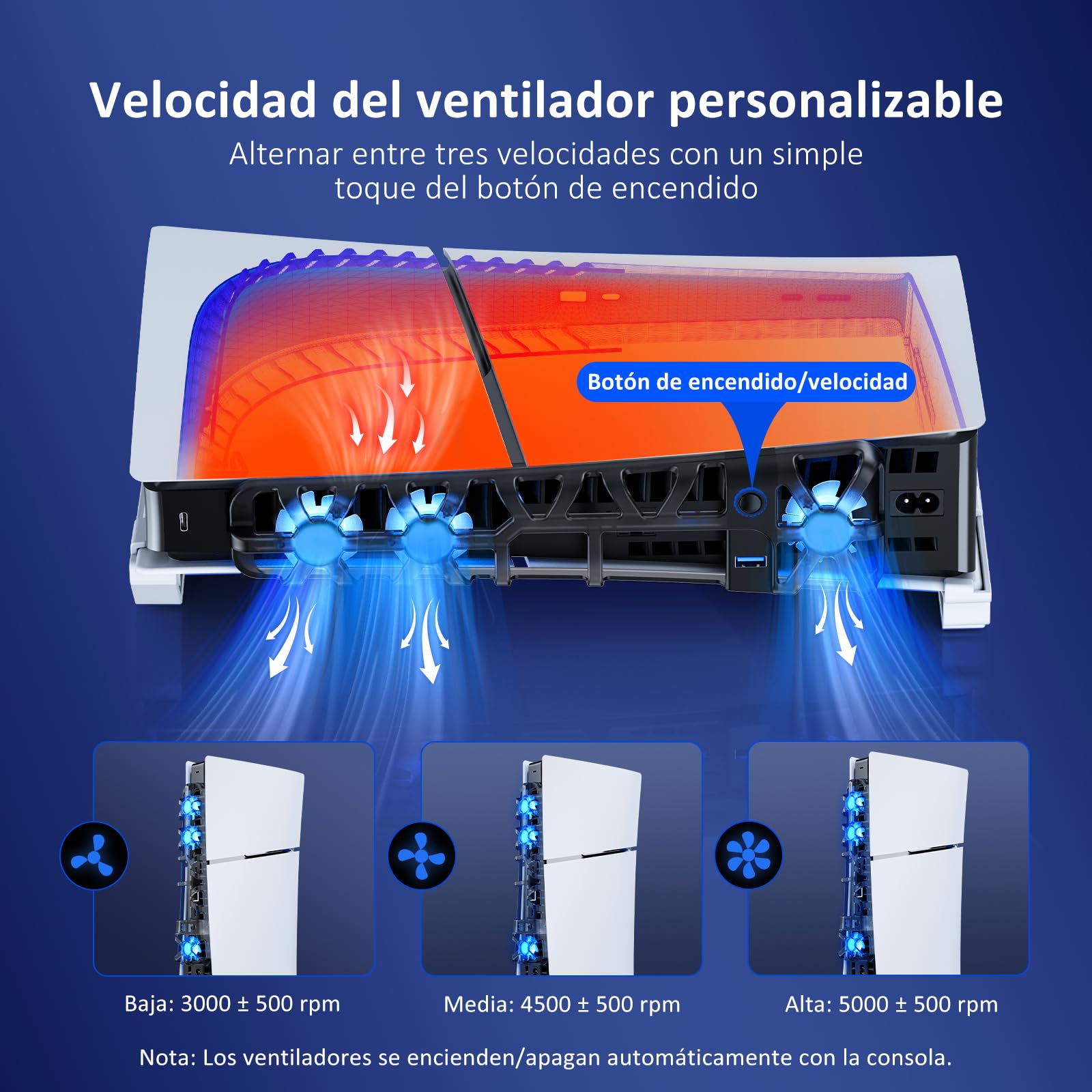 NexiGo PS5 - Soporte Horizontal Delgado con Ventilador de refrigeración silencioso Mejorado, Velocidad Ajustable, [bajo Nivel de Ruido], [Encendido y Apagado automático], Puerto USB 3.0, luz LED