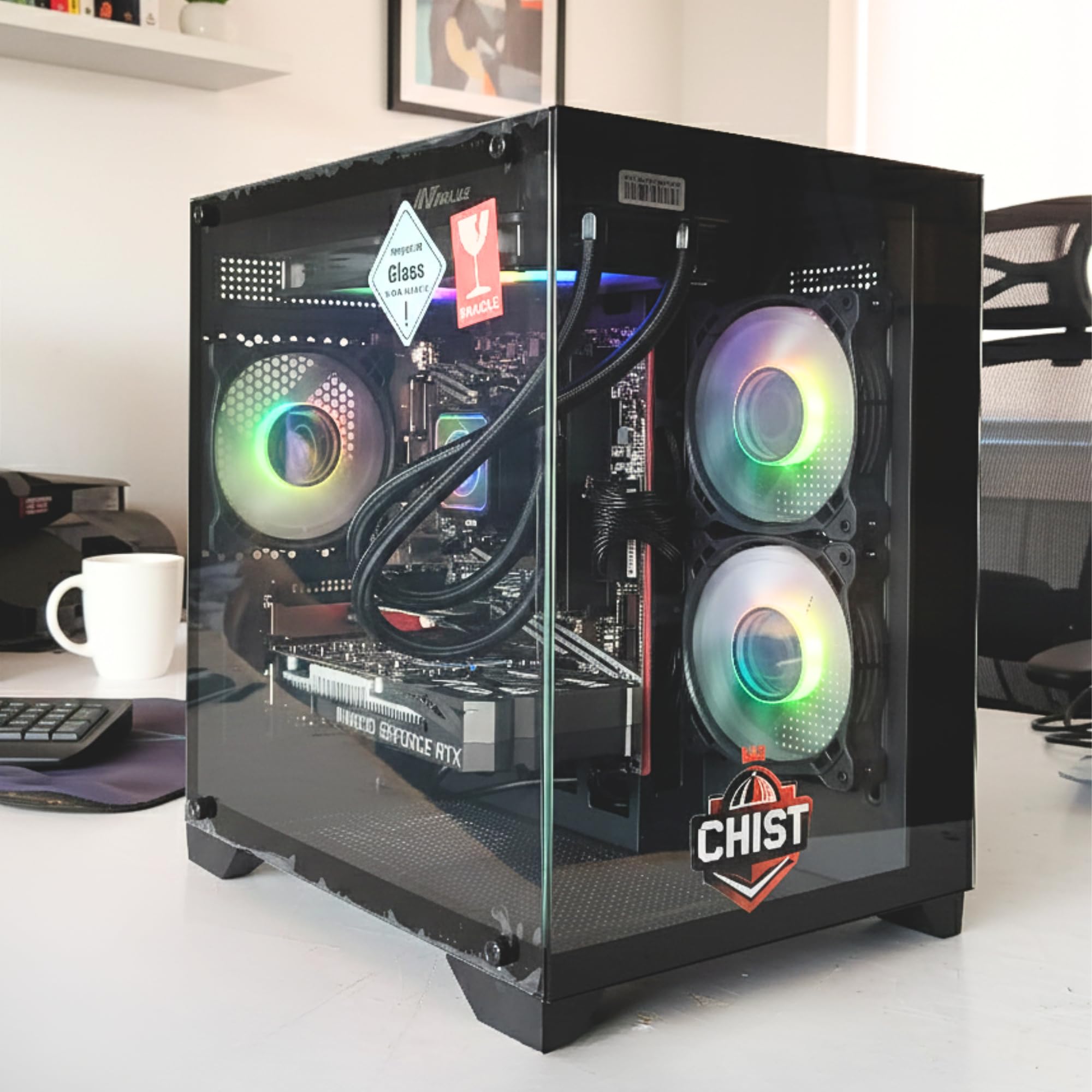 CHIST Gaming Desktop PC, Ryzen 5 5500, 32GB DDR4, 1TB NVMe SSD, RTX 3050 6GB, Liquid Cooling with RGB Fans Wi-FI Bluetooth