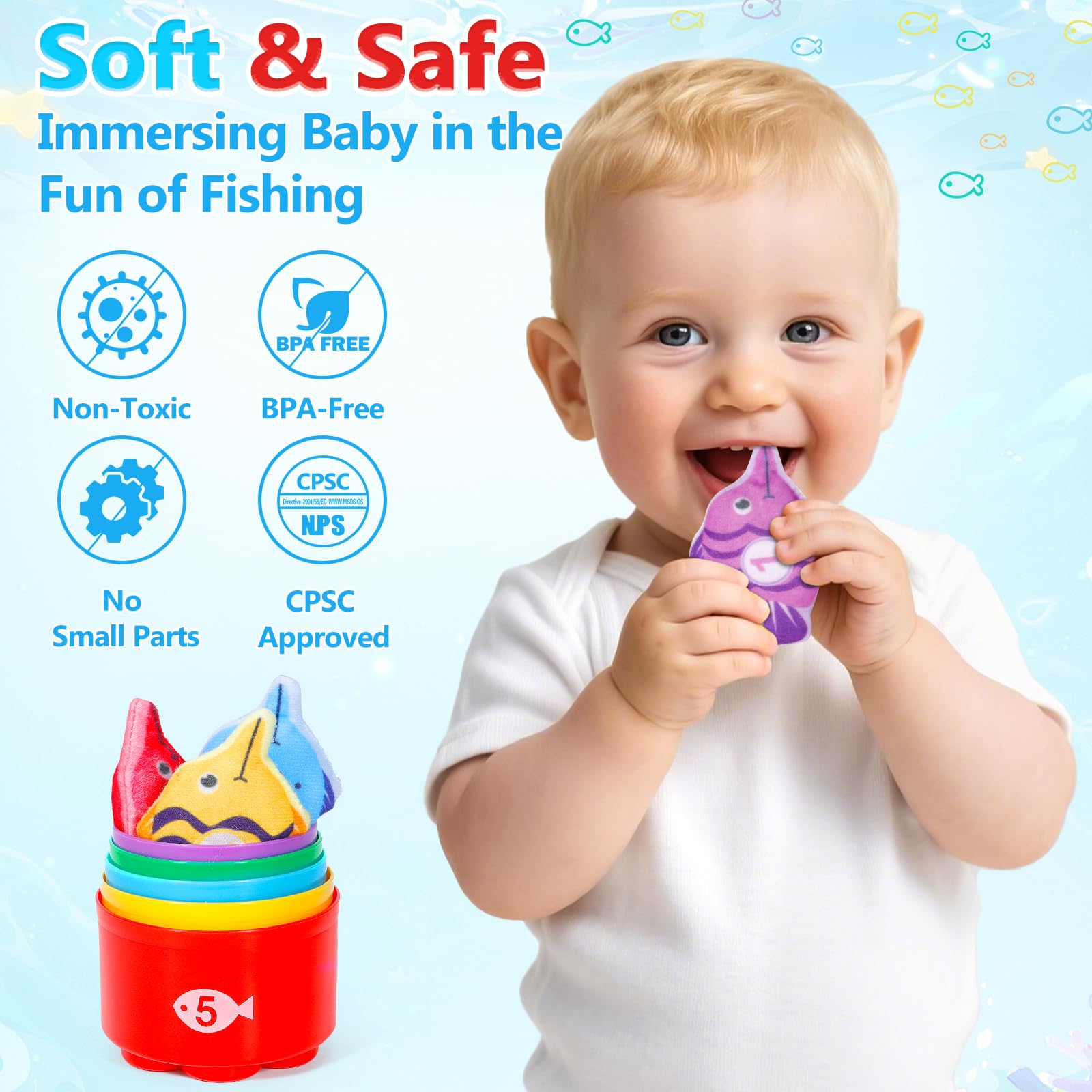 Giochi Bambini 1 Anno, 22 Pezzi Pesca Morbidi, Giochi Montessori 1 Anno Regalo Bambino, con 15 Pesci, Interattivi Educativo Gioco Bambino 1 2 3 Regali per Compleanno Natale