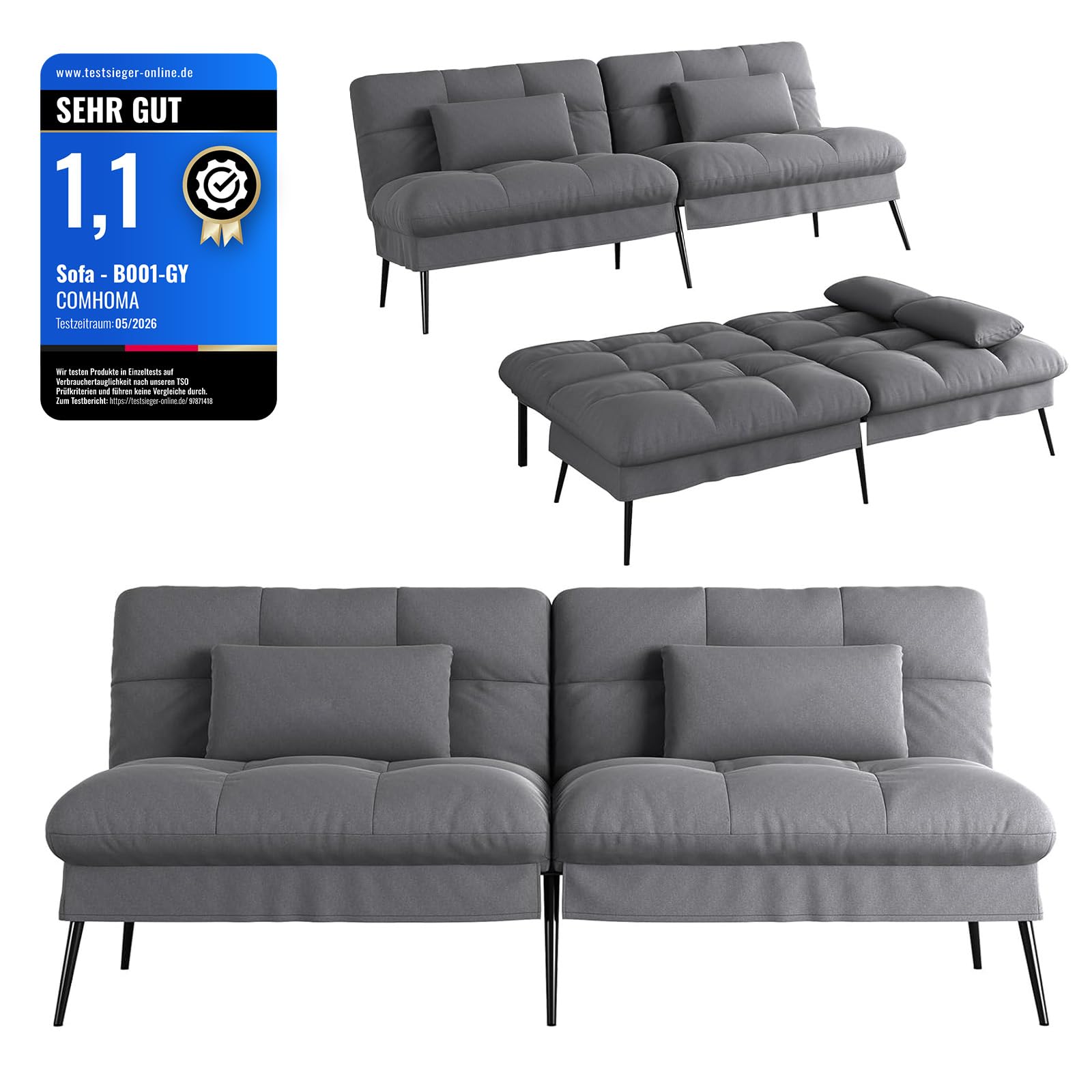 COMHOMA canapé Convertible en Peluche, canape 3 Places, Style Moderne, pour Salon, Appartement, Petit Espace,Pieds en métal 174 * 51 * 72cm, Gris
