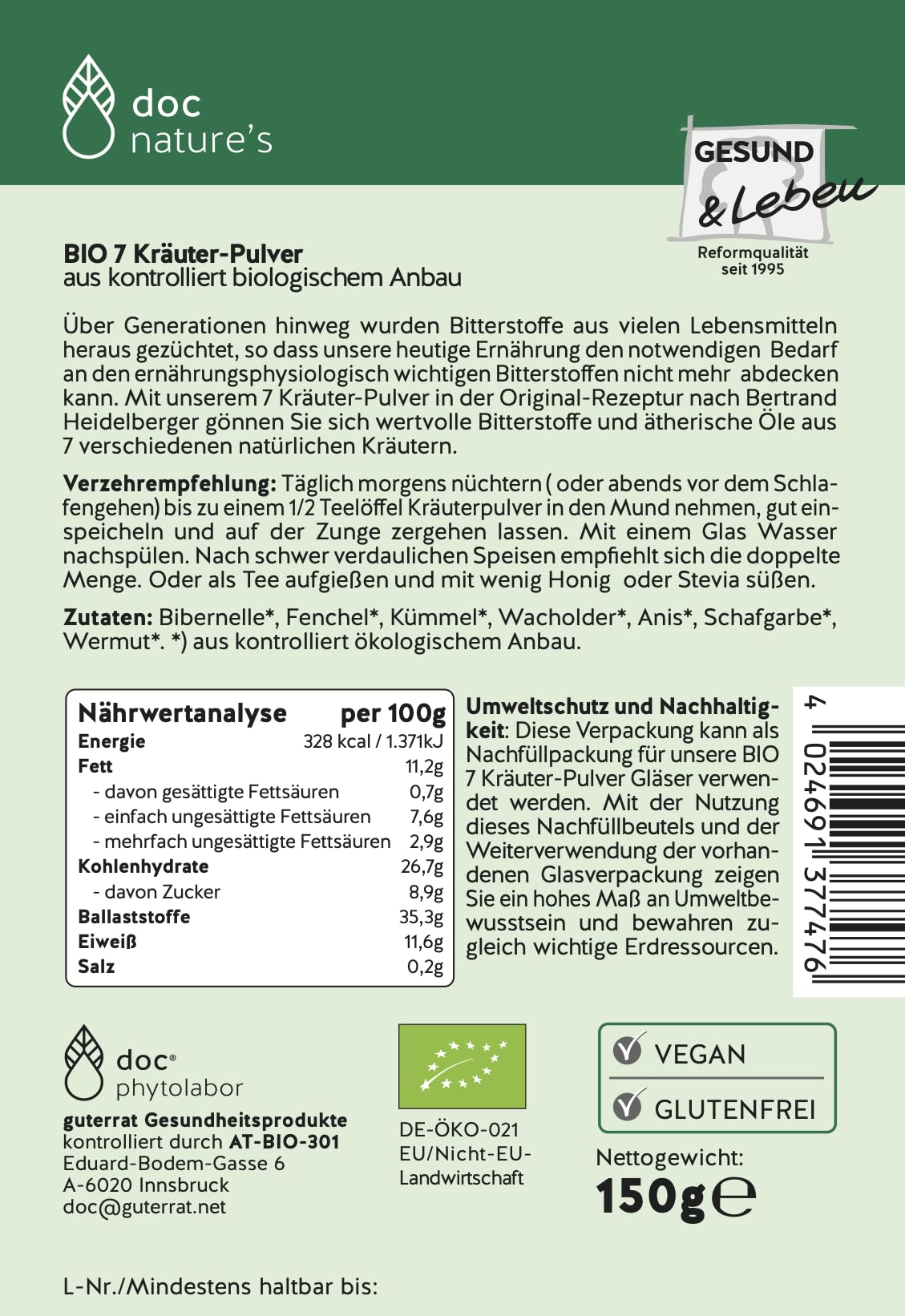 doc nature's Bio-7-Kräuterpulver 150g Nachfüllbeutel | nach Bertrand Heidelberger | Pflanzliche Bitterstoffe in Rohkostqualität | vegan | doc phytolabor | früher Gesund & Leben | nach Bertrand Heidelberger, Pflanzliche Bitterstoffe, Rohkostqualität, vegan
