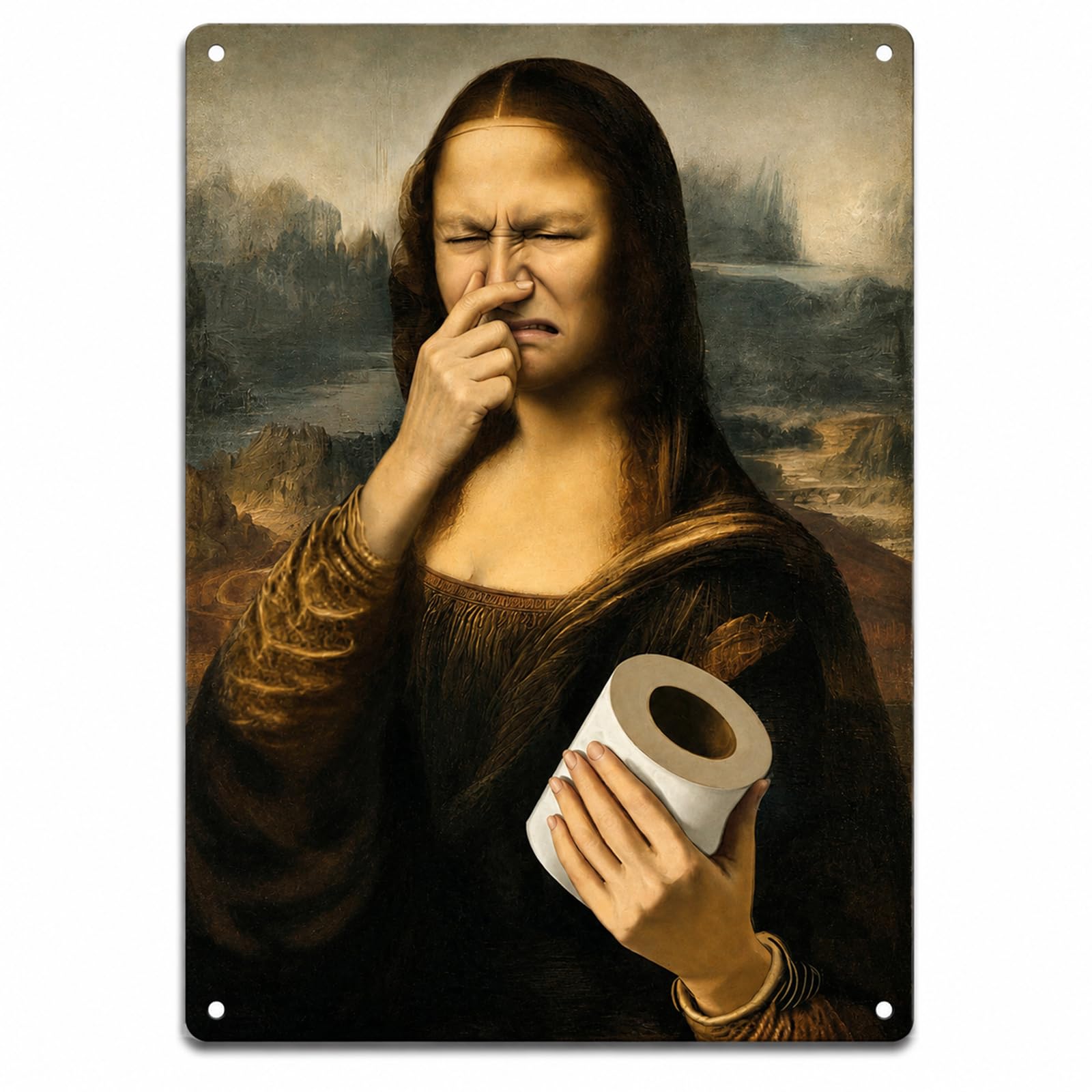Funny Mona Lisa Toilet Wall Art, Aluminium Bathroom Sign with 4 Holes for Easy Installation, Toilet Pictures for Walls for Home Office, Novelty Humorous Bathroom Wall Art