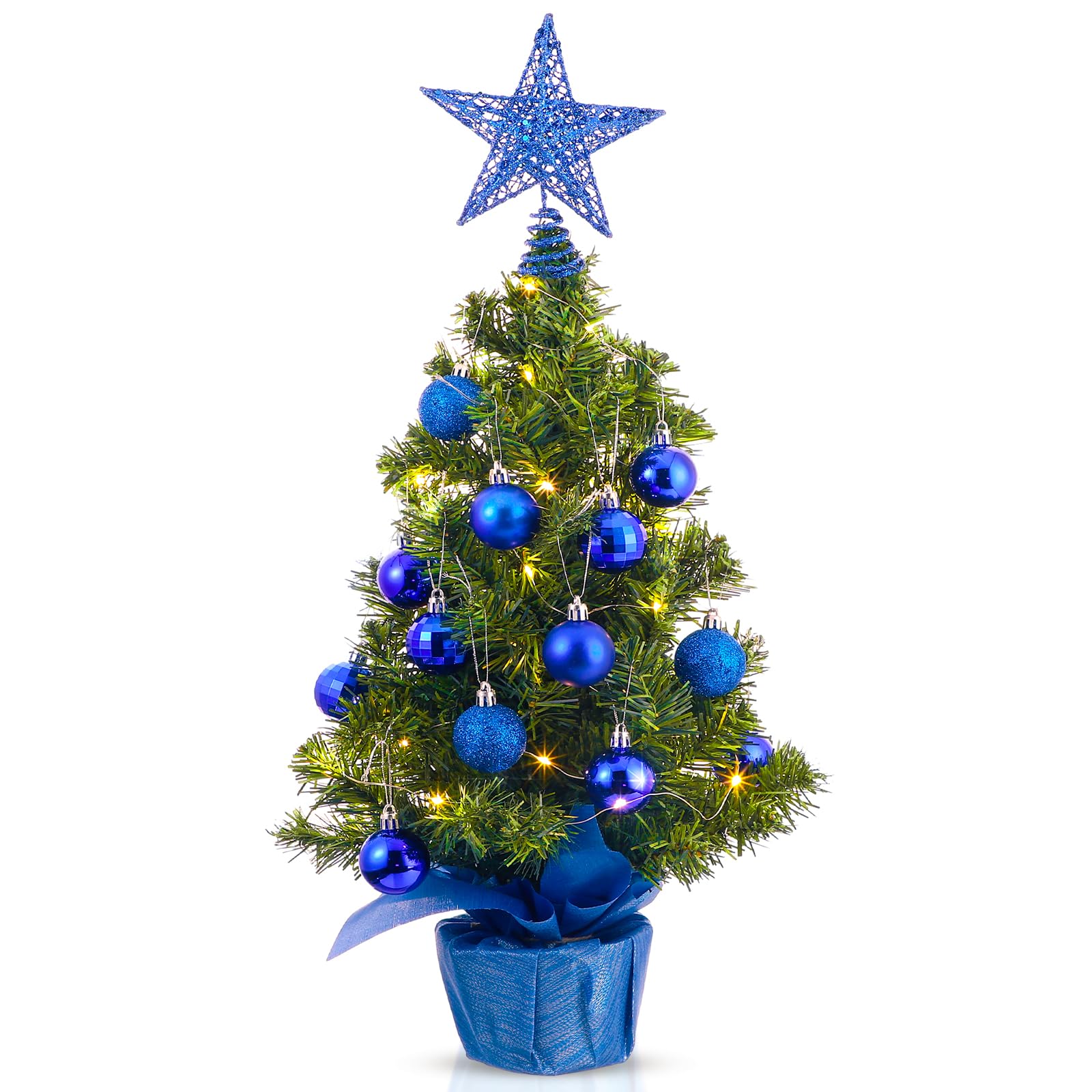 Lot de 24 mini sapins de Noël artificiels de table de 61 cm avec lumières - Décorations de Noël pour sapin de Noël, décorations de bureau (bleu roi)
