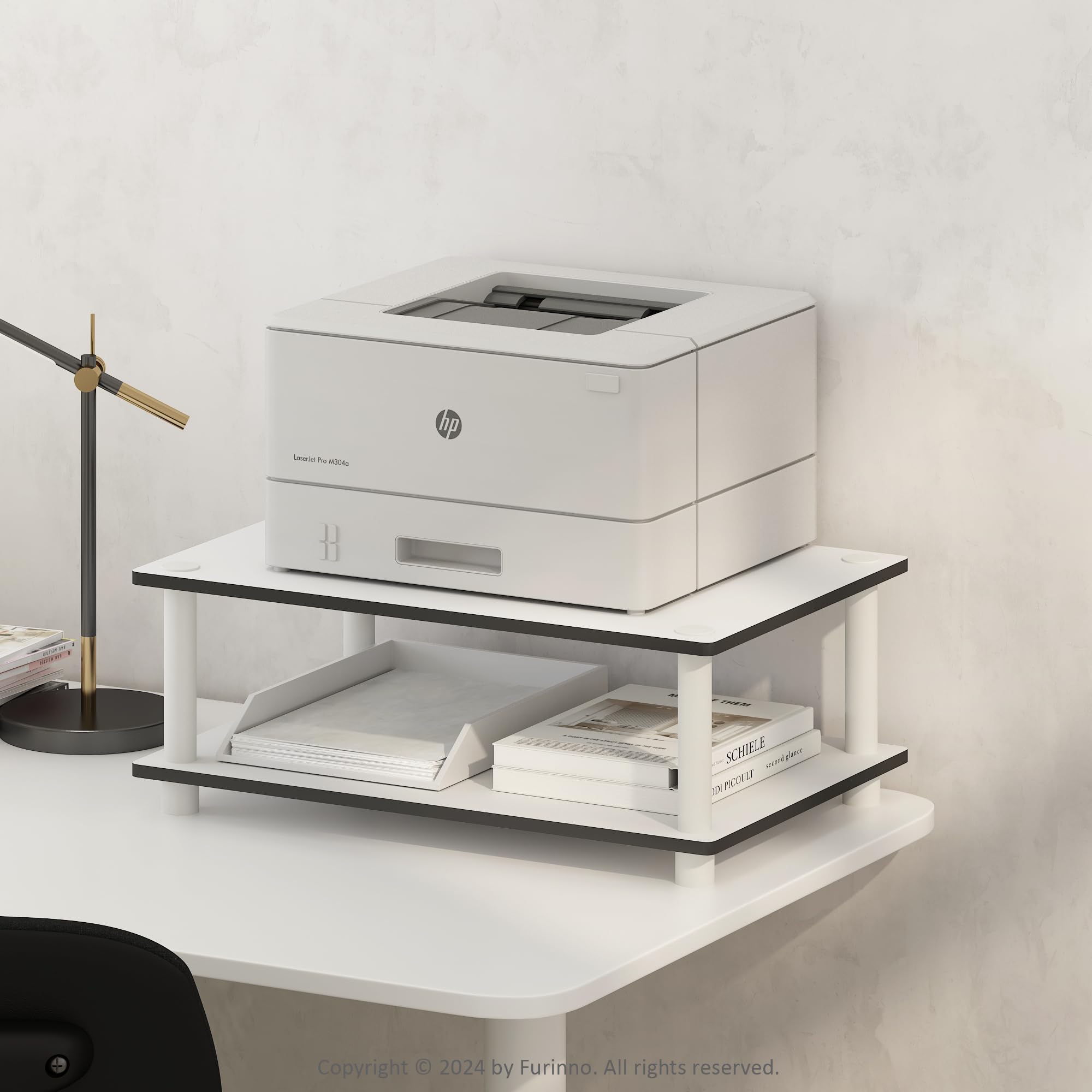 Furinno JUST Printer Stand with Storage, 2-Tier Under Desk Printer Stand, Printer Table, for CPU, Office Supplies, Home Office, White