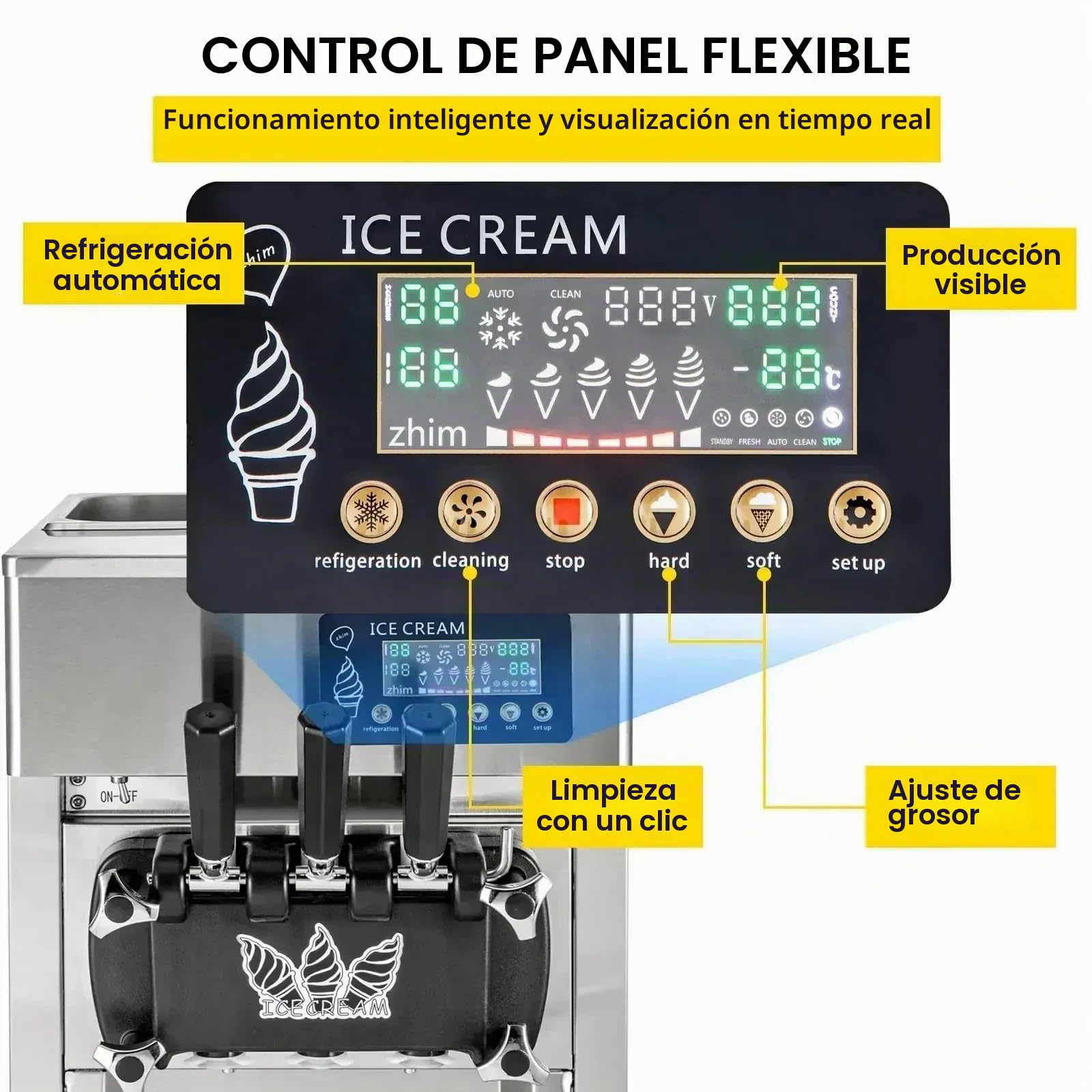 Máquina de Helados Comercial 2X3L 1200W 18L/h 3 Sabores Máquina para Hacer Helados servicio suave con Panel LCD Limpieza Automática para Yogur Café Snack-bars Restaurante Mercado Tienda