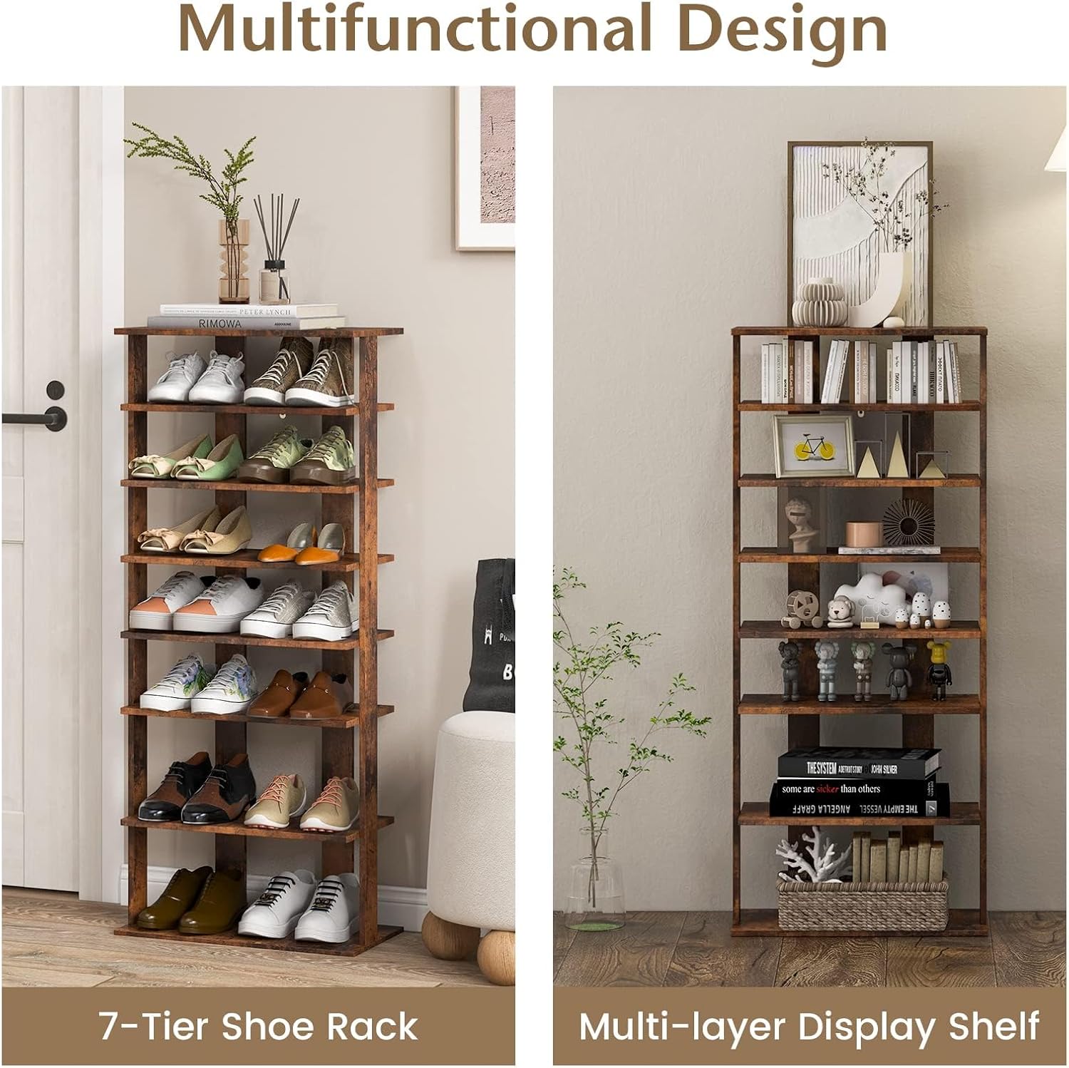 7 Tiers Vertical Shoe Rack, Wooden Slim Shoe Storage Shelf, Narrow Shoe Stand Tower for Boots, Space Saving Shoe Organizer for Closet, Entryway, Front Door (Large, Rustic Brown)