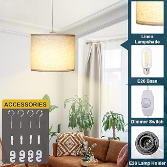 LALISU Plug-in Pendant Light, Adjustable Linen Shade Hanging Lamp, Beige