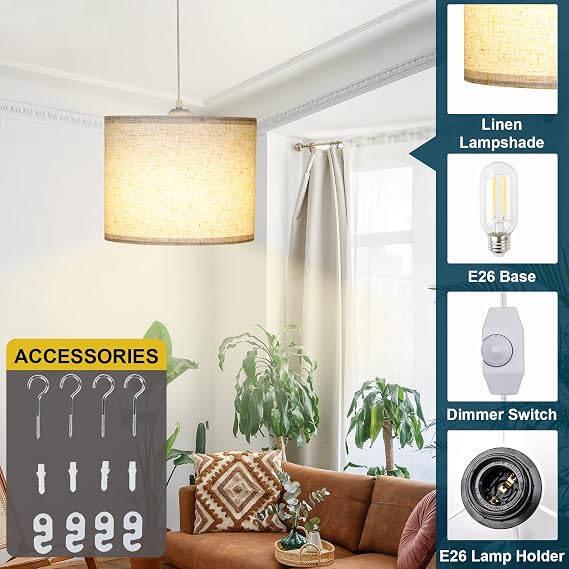 LALISU Plug-in Pendant Light, Adjustable Linen Shade Hanging Lamp, Beige