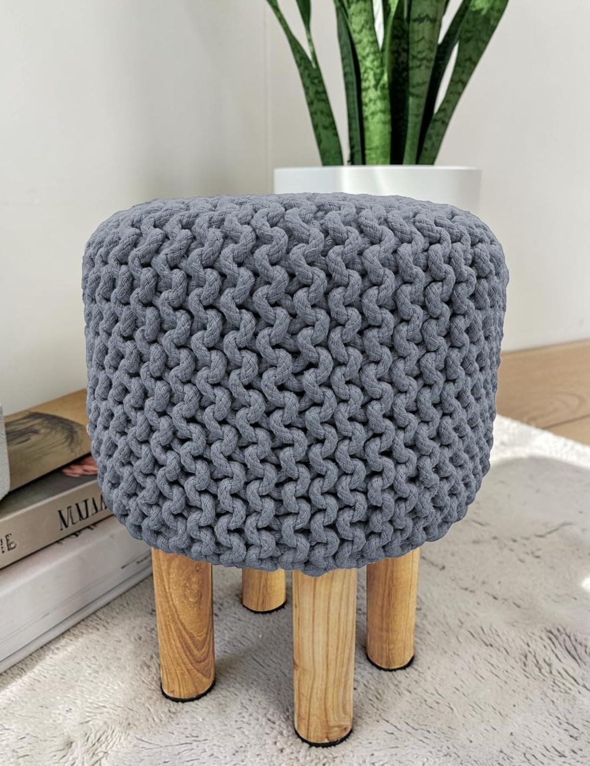 CASVO® Handmade Jute Pouffe Stool with Wooden Base | Cotton Knitted Ottoman Footstool | Round Sitting Pouf for Living Room Library Office & Home Decor 32x32x42 cm (Charcoal)