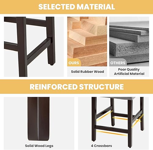 Miniatura 7 de COSTWAY Juego de 4 taburetes de bar, sillas tapizadas de lino con patas de madera de goma maciza, sillas de bar de madera para isla de cocina de 25