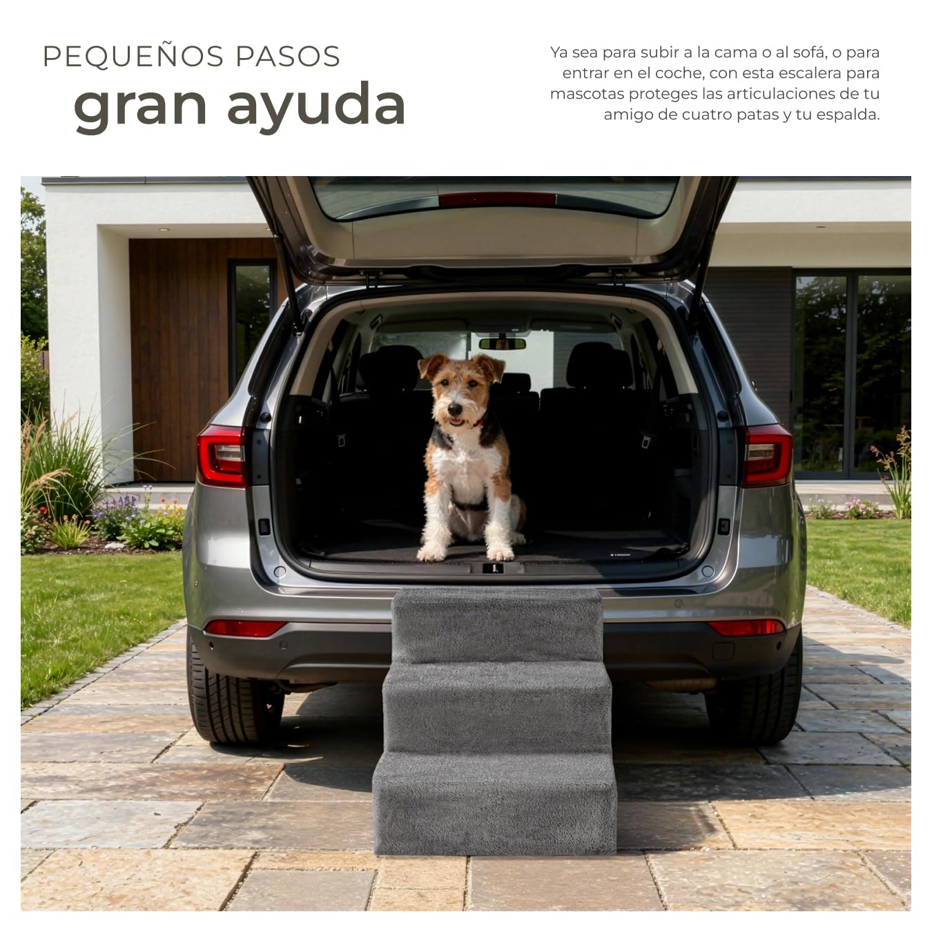 tectake® Escalera para Mascotas Muy Estable y Ligera 34,5 cm, Escalera para Perros y Gatos, Escalera Perro Cama, Cubierta Súper Suave y Antideslizante, Materiales Robustos para Durabilidad - Gris