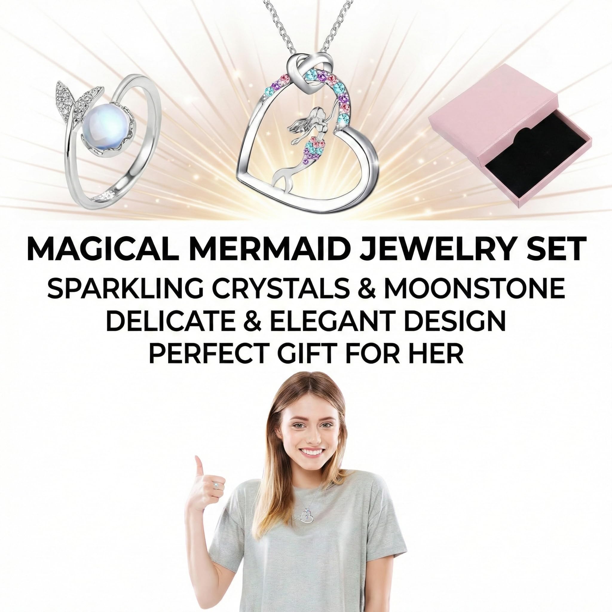 Collana Sirena con Anello a Forma di Coda e Scatola Regalo Rosa per Bambina