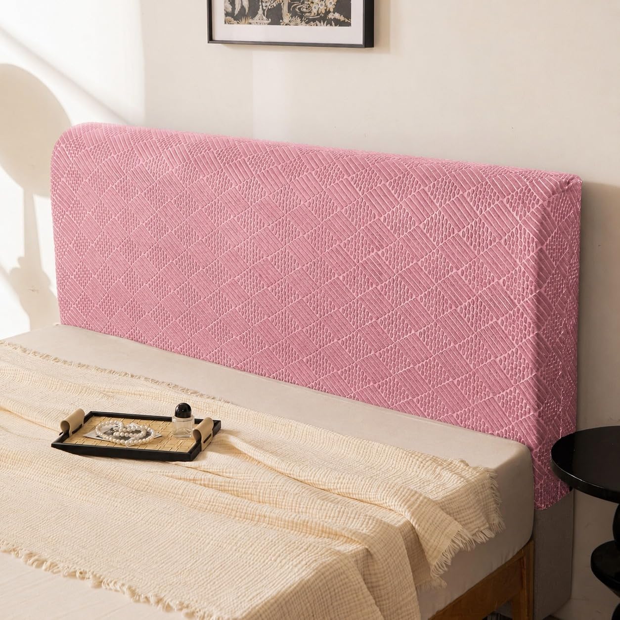 HOMETHREADS Stretchable Lycra/Velvet | Soft, Dust-Proof & Wrinkle-Resistant Bed Back Protector | Fits Leather, Wooden & Fabric Bedsides | for 5ft to 6.5ft Beds (Pink, 90x65cm)-image-26
