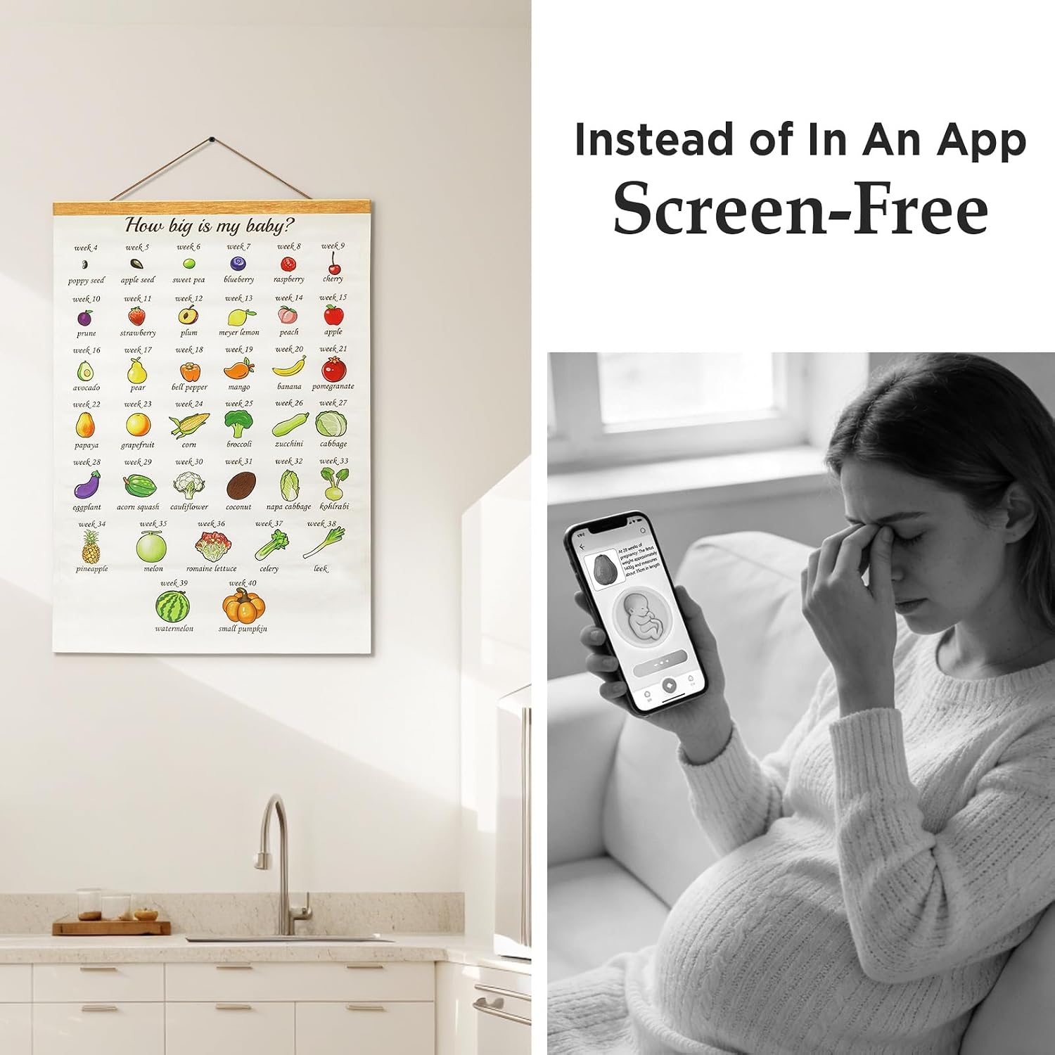 Baby Growth Tracker Tea Towel with Magnetic Wood Hanger | Weekly Baby Growth Tracker In Fruit & Veg, Gift for First Time Moms, Pregnant Mom, Expecting Parents