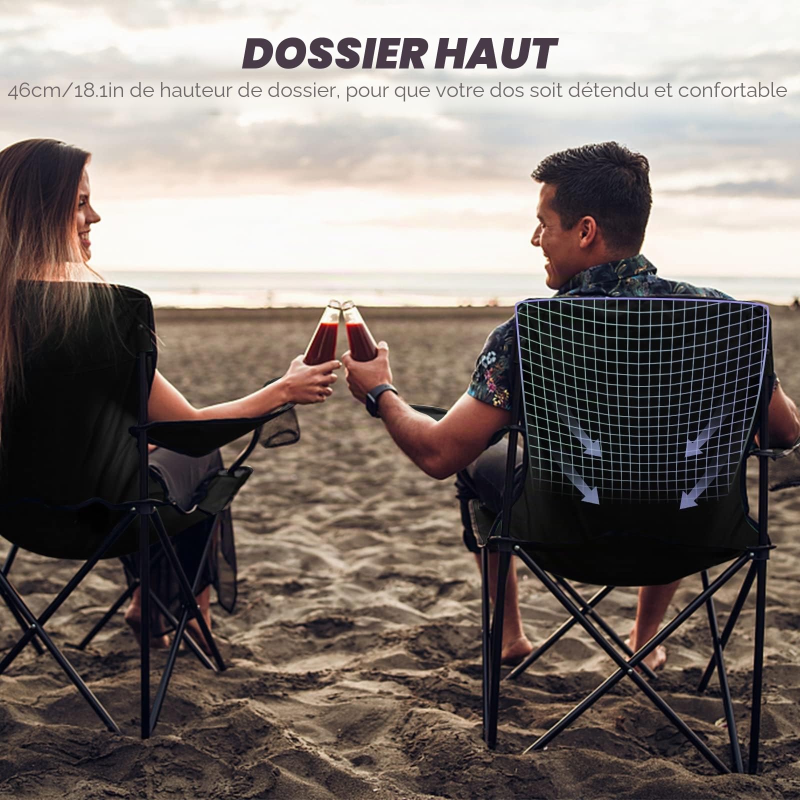 Lot de 2 Chaise de Camping Pliante, Siège Pliable Portable Chaise Camping avec Porte-gobelet, Capacité 100kg, Adaptée au Camping, à la Plage, au Barbecue, à la Pêche - Noir WY-G-439