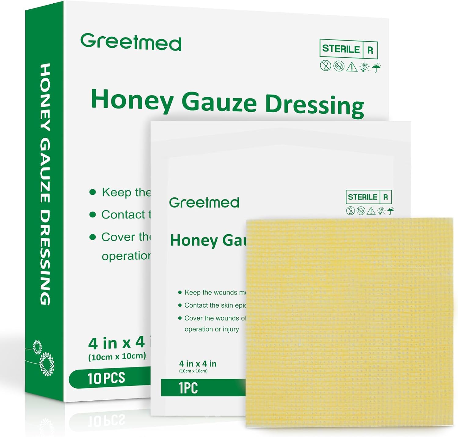 Greetmed Honey Gauze Wound Dressing 4" x 4" Medical Grade Manuka Honey Wound Care Pads Honey Bandages for 1st & 2nd-Degree Burns, Abrasions, Cuts and Scalds (Individually Pack of 10)