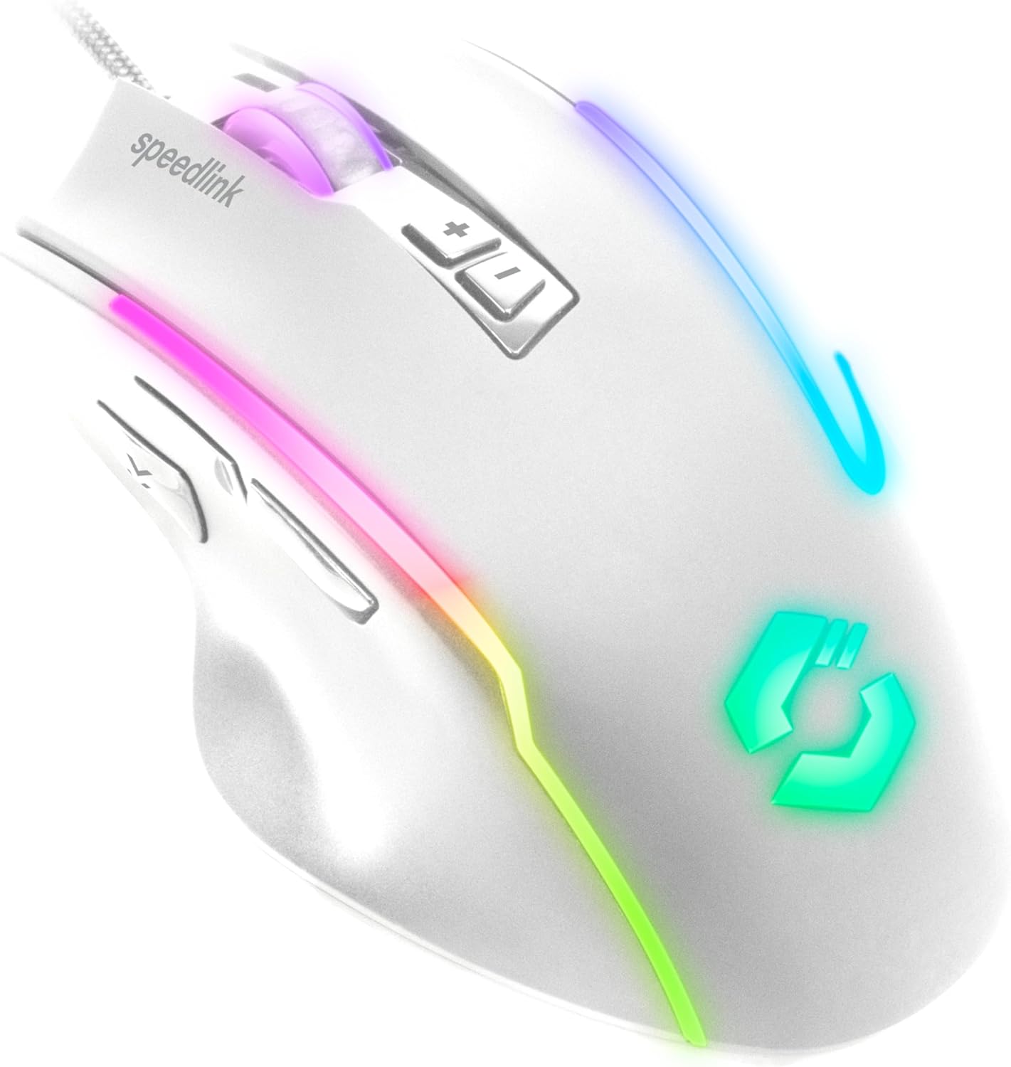 Speedlink DECUS NX - RGB gaming mouse with cable, multicoloured RGB illumination, continuous fire button, up to 12800dpi, 1000Hz, programmable, USB wired, sheathed cable, white