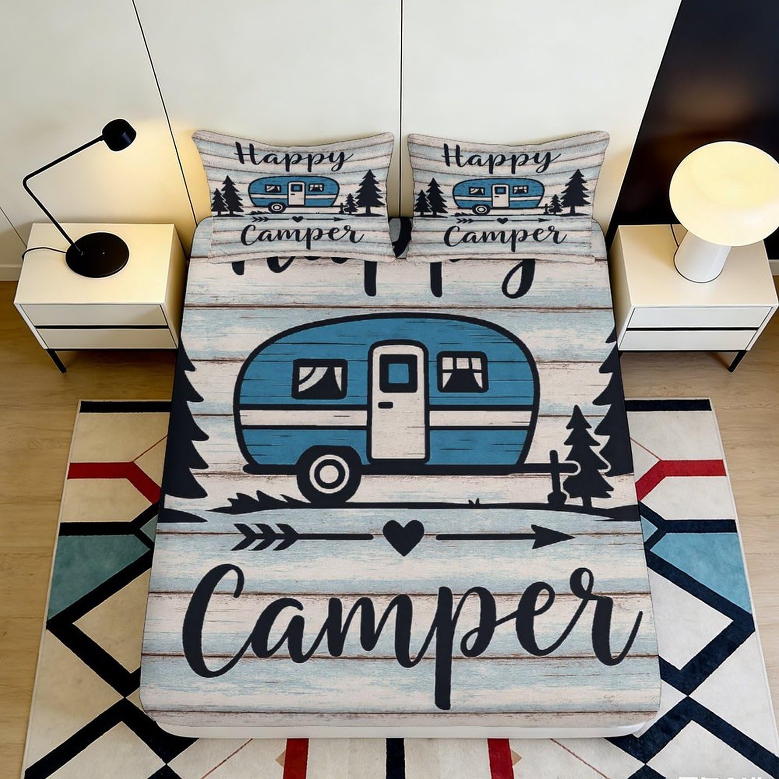 3D Printed Camper Blue Trailer Fitted Sheet Microfiber Soft Durable Happy Camper Bed Cover for Bedroom Dormitory Guest Room Mattress Protection 90x200x25cm