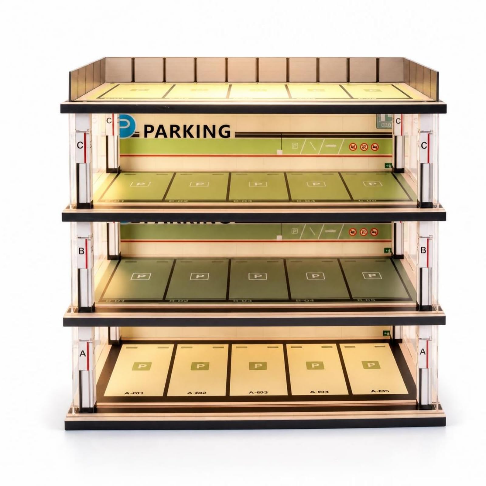 Espositore Auto Modellini Multi Livello Vetrina Garage Parcheggio Teche Scatola in Legno con Luce Layout Realistico E Pannelli in Acrilico Adatto per Collezionisti Studio, Quattro Piani