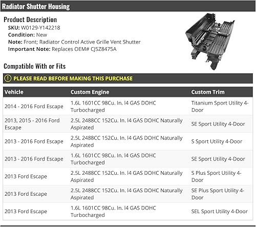 Carcasa para obturador de ventilación del radiador delantero, compatible con Ford Escape 2013-2016