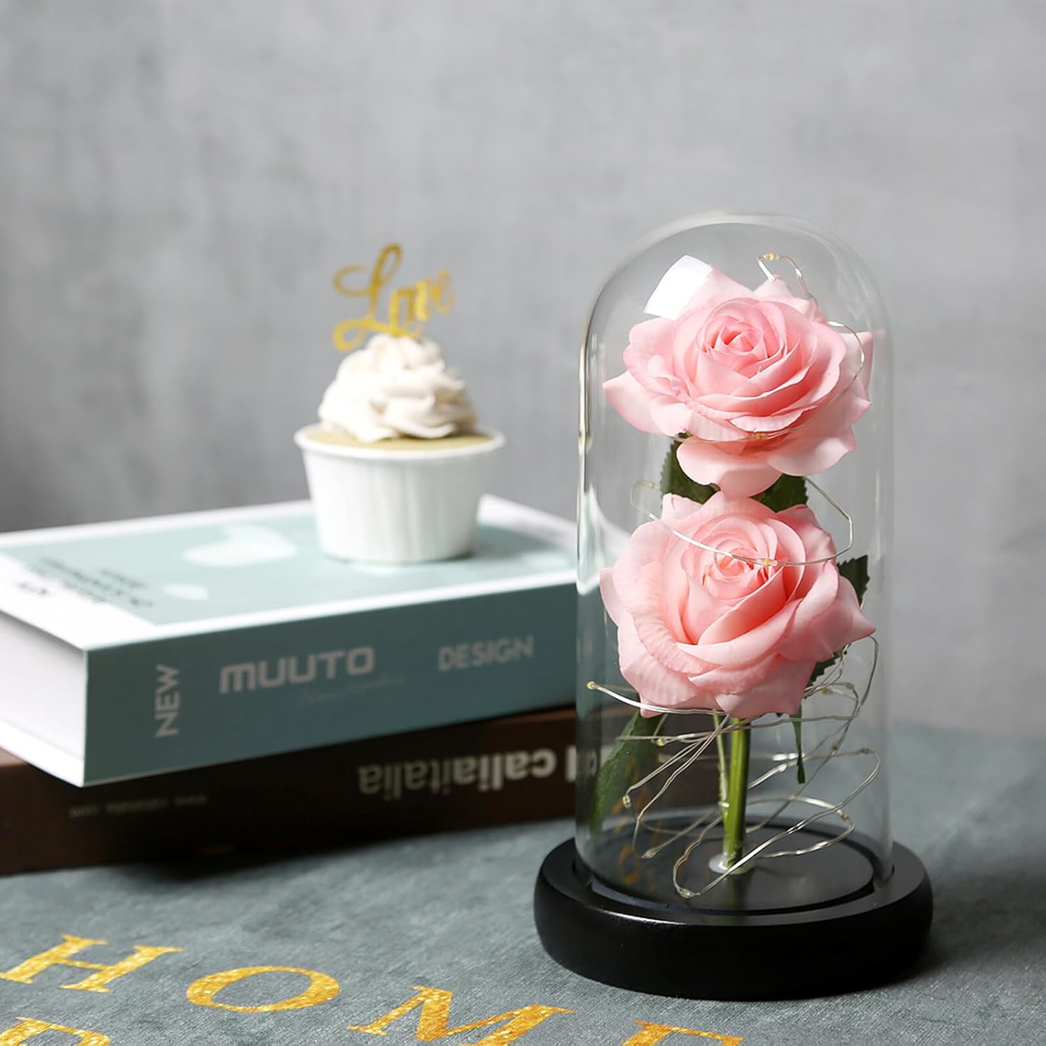 NUOBESTY Romantic Rose Lamp with LED Light in Glass Dome, Valentine’s Day Romantic Night Light Figurine, Pink Dual Bloom with Black Base, Battery Not Included, Home Decor