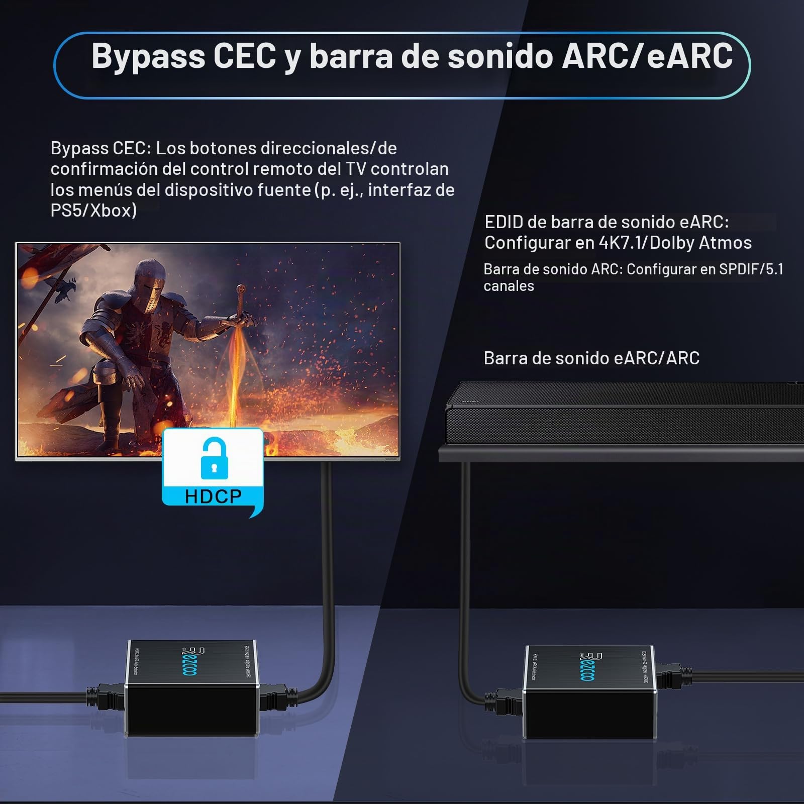 ROFAVEZCO Extracteur Audio HDMI 2.1 eARC 4K@120Hz Dolby Atmos/Vision VRR/ALLM CEC Bypass HDCP2.3 SPDIF Plug & Play pour Soundbars/Sonos ARC/eARC/PS5/Xbox