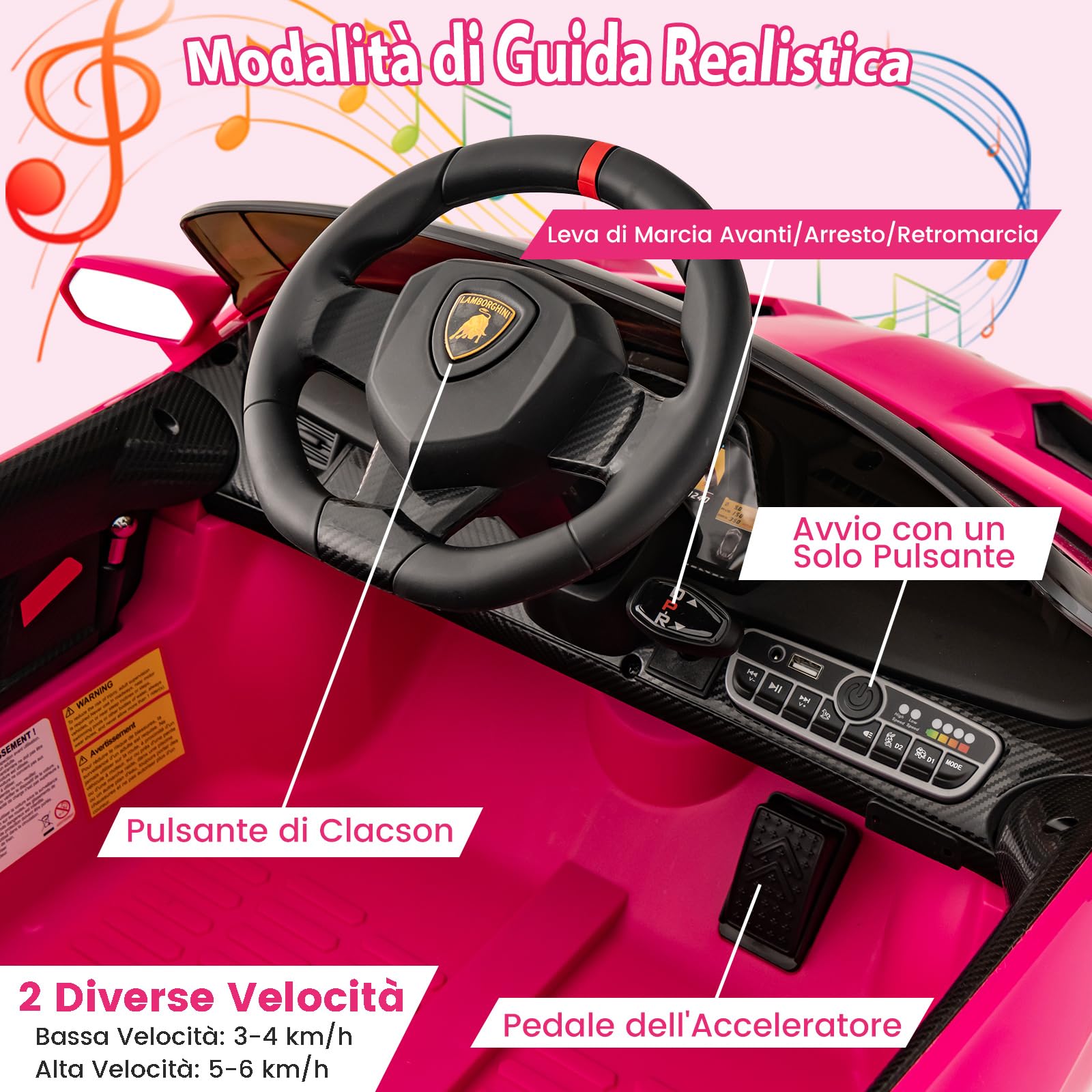 COSTWAY Lamborghini Macchina Elettrica per Bambini, Auto Elettrica Cavalcabile con Telecomando Luci LED, 3 Velocità, 3-6 km/h, per Bambini 3-8 Anni (Rosa)