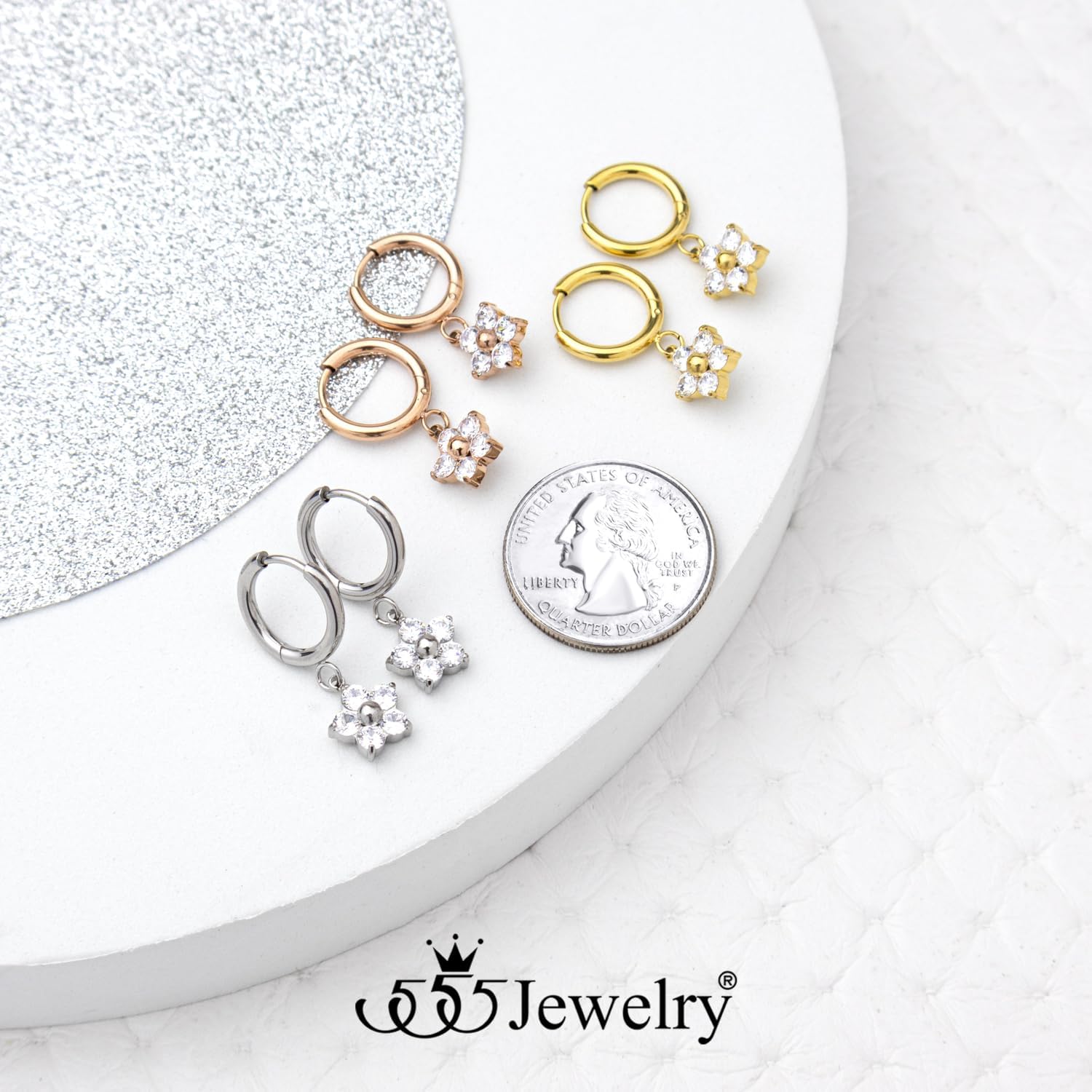 555Jewelry Flower Drop Earrings for Women Cubic Zirconia Stainless Steel Earrings Huggie Hoop Dangle Earrings - Image 5