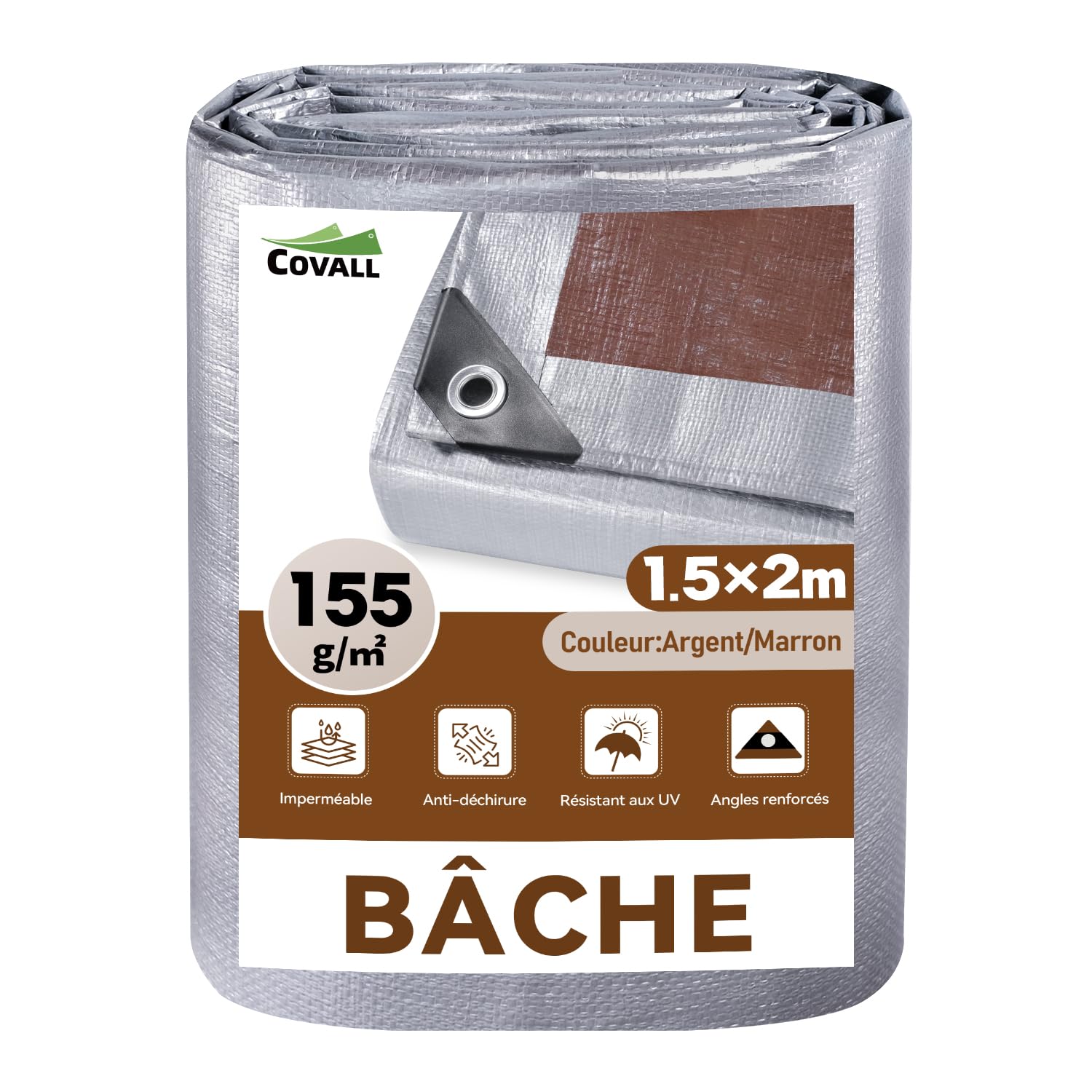 Bâche 1,5x2m 155g/m² Imperméable en Polyéthylène, Anti-UV | Polyéthylène haute densité, œillets soudés renforcés, anti-UV, résistante aux intempéries, jardin, camping (Argent/Marron)