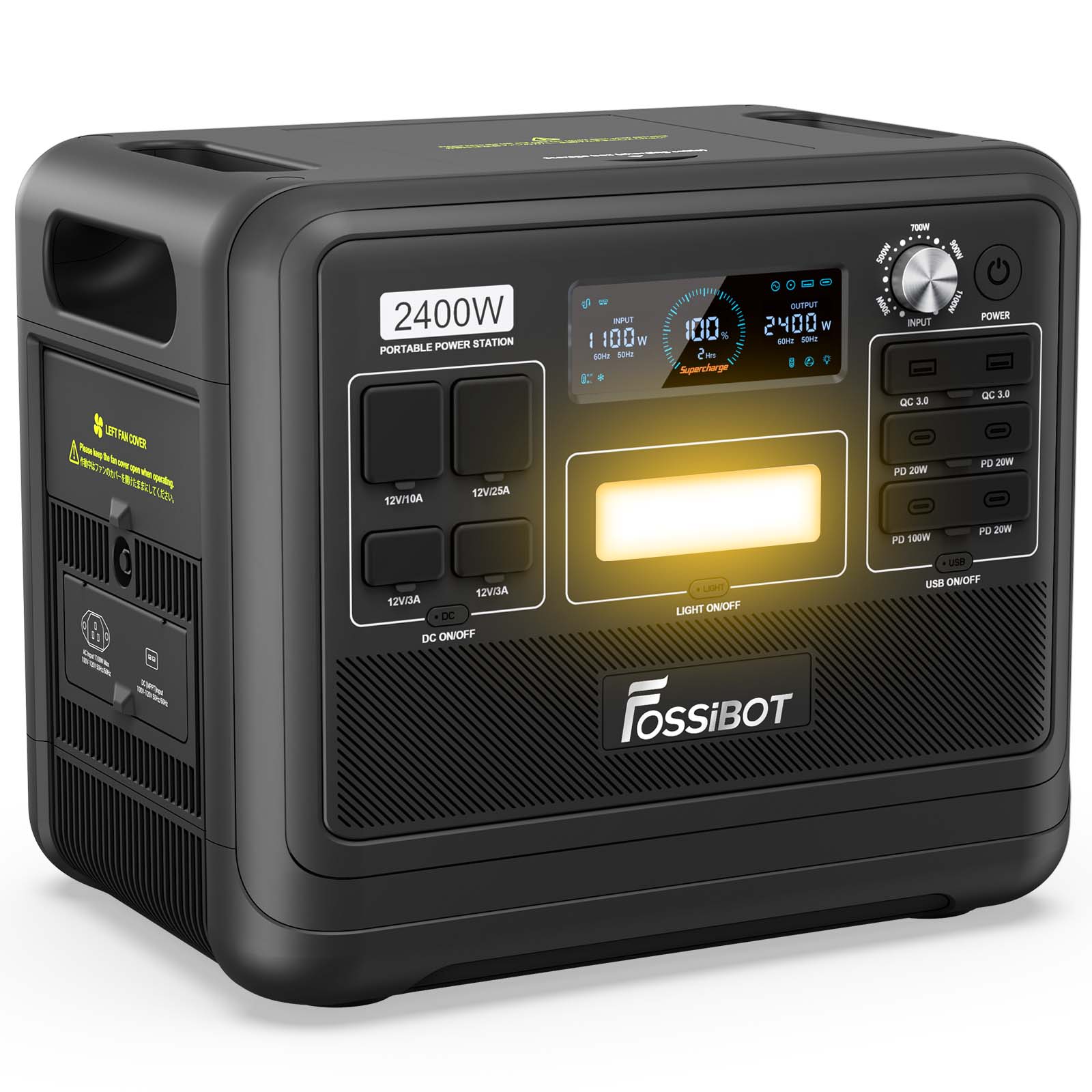 FOSSIBOT Portable Power Station F2400,2048Wh LiFePO4 Battery with 6×2400W(Surge 4800W),1.5H Fast Full Charging with LED Flashlight,Solar Generator for Home Use Camping RV Emergency