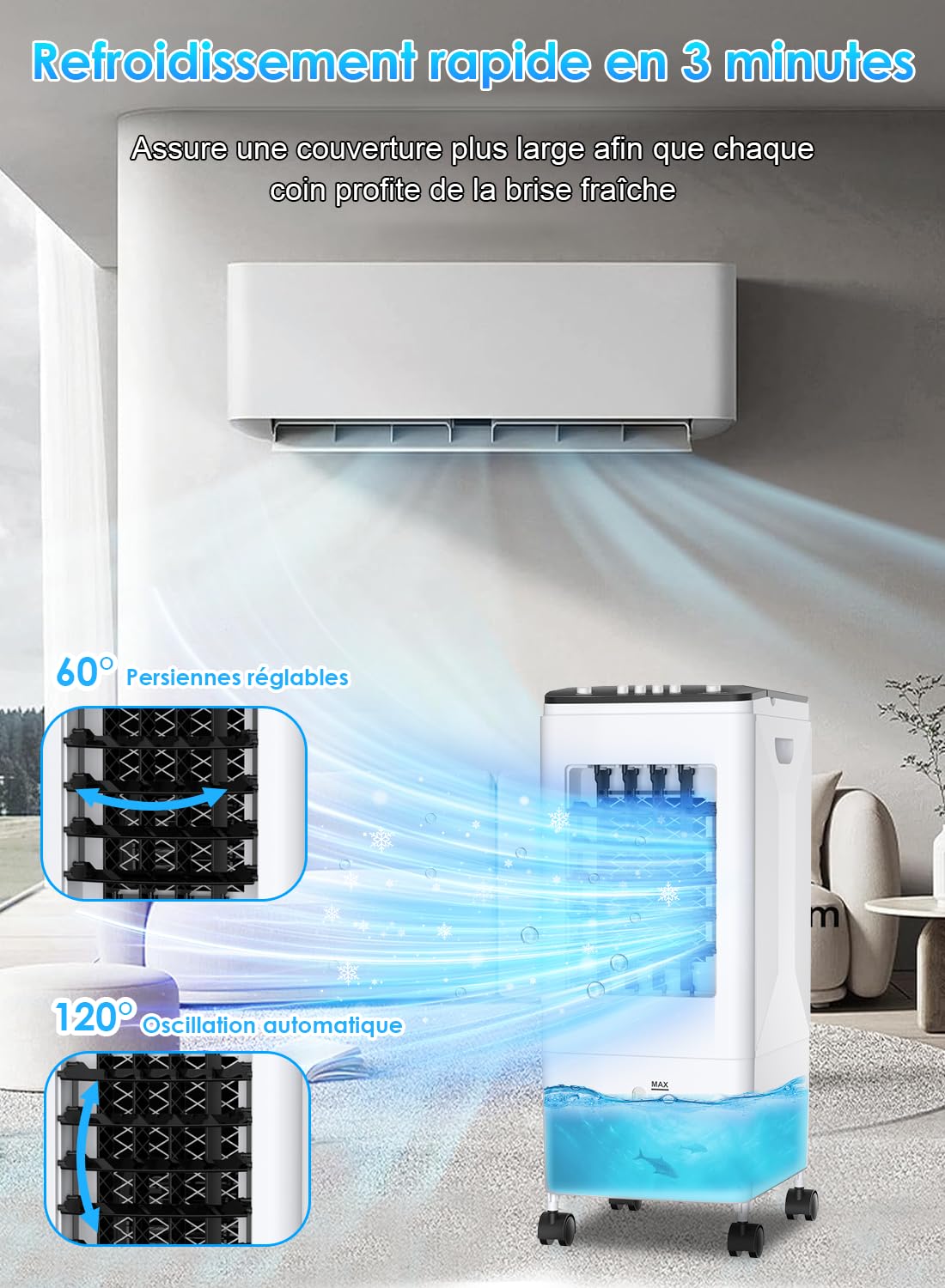 Climatiseur Mobile 3-en-1 Rafraîchisseur d’Air, Réservoir 6L, 3 Blocs Réfrigérants, 60W Économie d’Énergie, 35dB Silencieux, Oscillation 60°, 3 Vitesses, Humidificateur, Ventilateur, Maison, Bureau