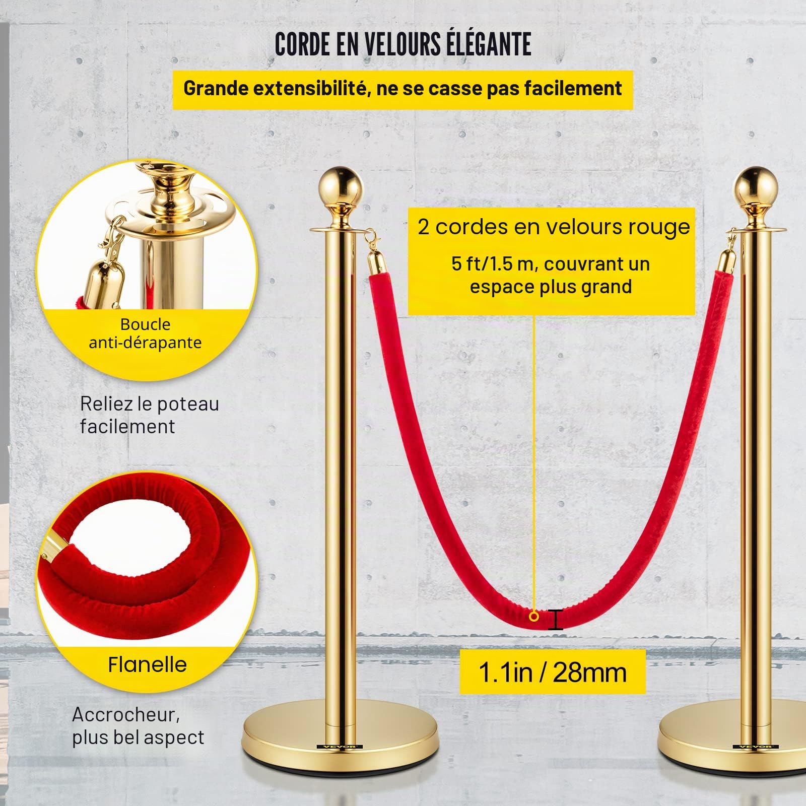 VEVOR Cordes et poteaux en velours en acier inoxydable doré avec boule supérieure (4)