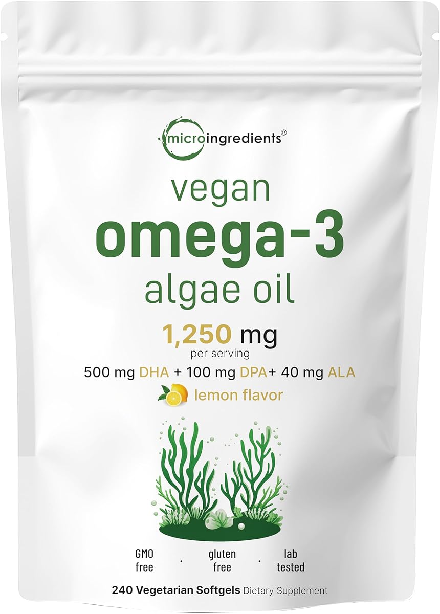 Micro Ingredients Vegan Omega 3 Algae Oil, 240 Veggie Softgels | Fish Oil Alternative | DHA 500mg & DPA 100mg | Carrageenan Free | Plant-Based Omega 3 with Flaxseed & ALA | Lemon Flavored