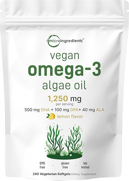 Micro Ingredients Vegan Omega 3 Algae Oil, 240 Veggie Softgels | Fish Oil Alternative | DHA 500mg & DPA 100mg | Carrageenan Free | Plant-Based Omega 3 with Flaxseed & ALA | Lemon Flavored